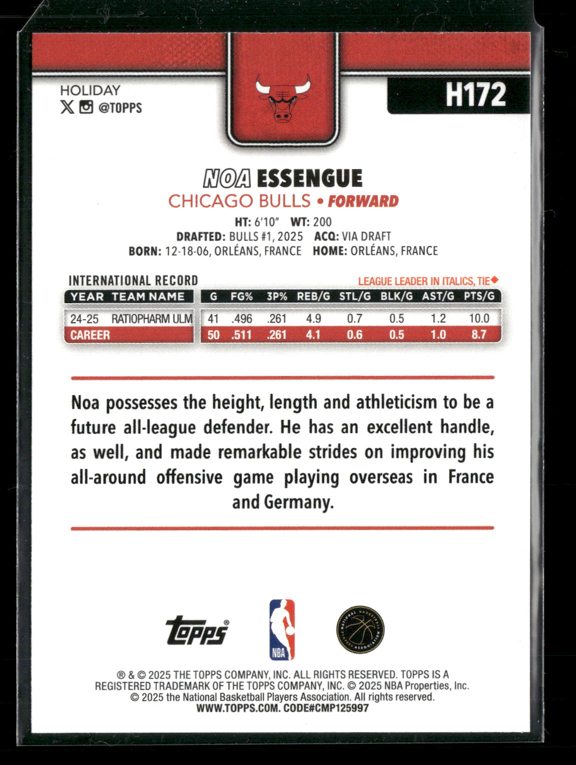 2025-26 Topps Holiday Basketball Noa Essengue #H172 RC