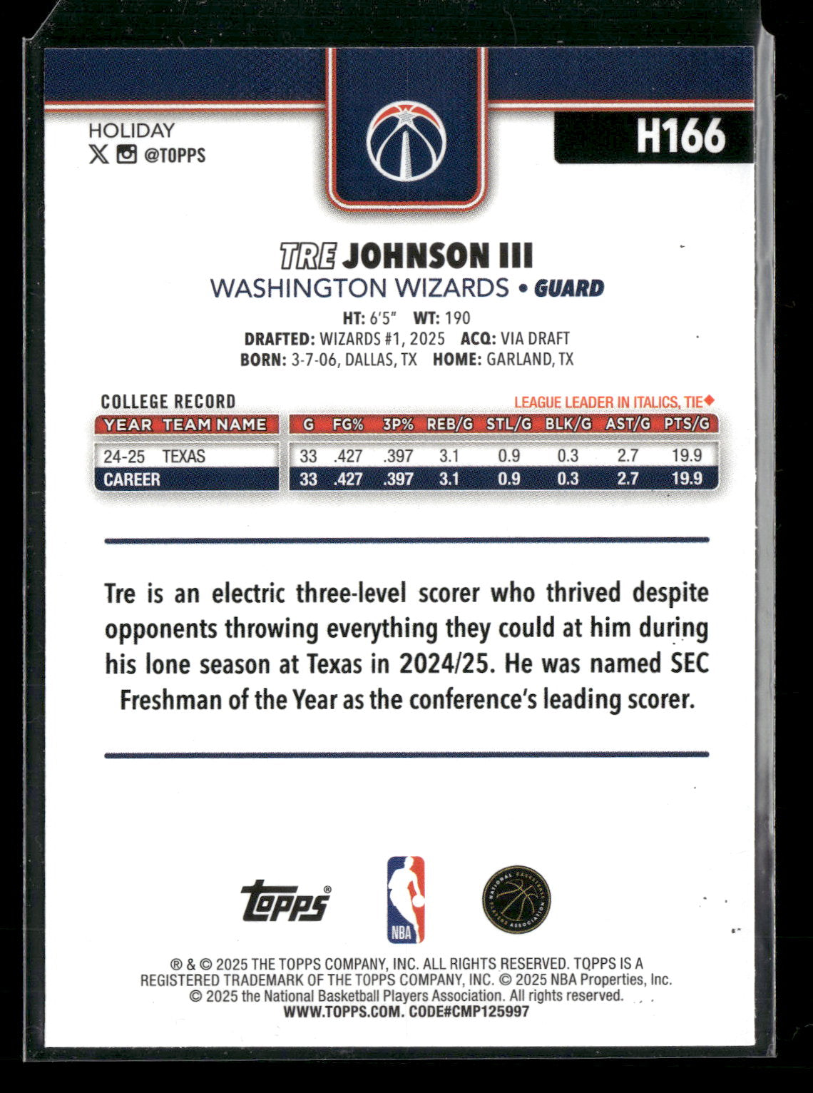 2025-26 Topps Holiday Basketball Tre Johnson III #H166 RC