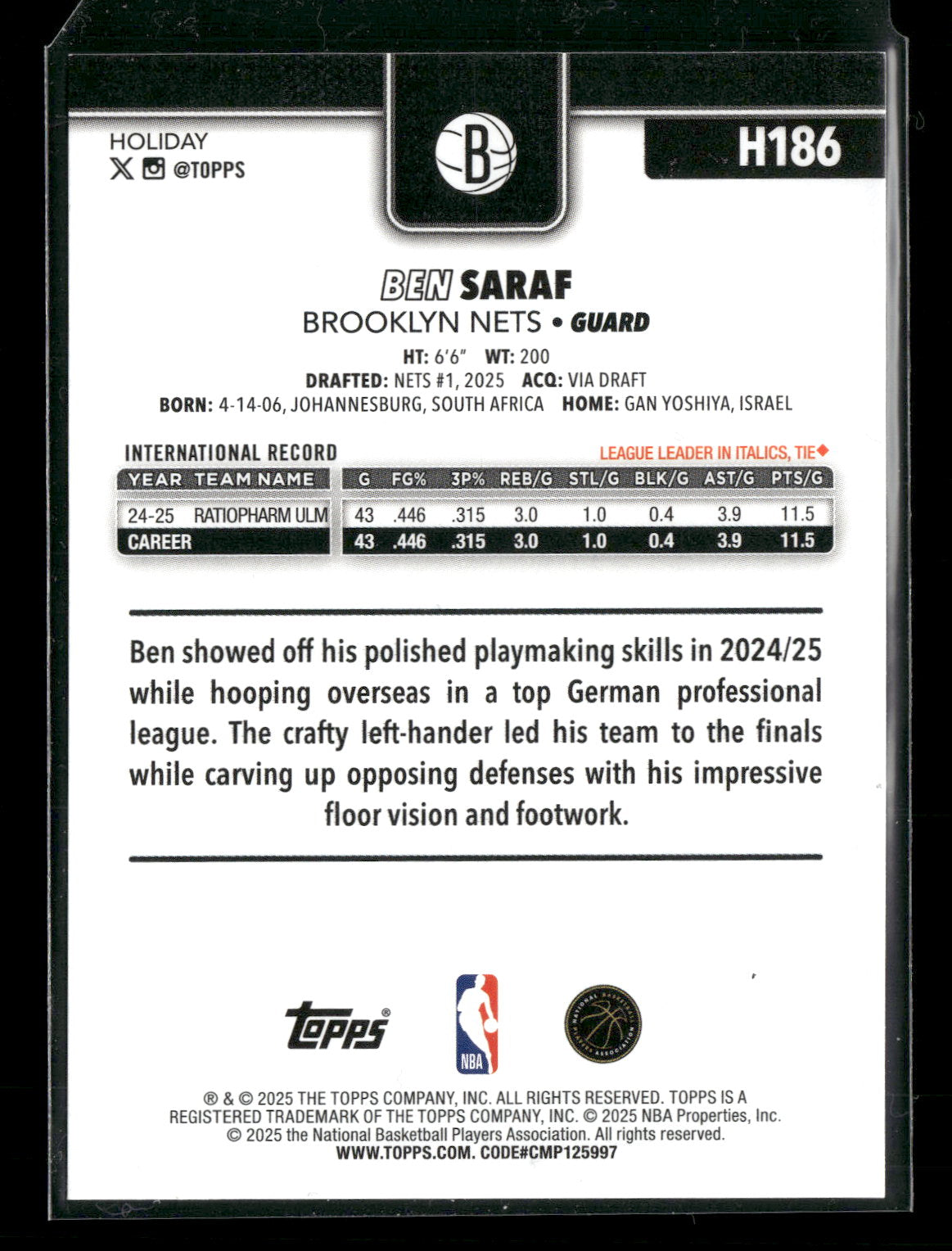 2025-26 Topps Holiday Basketball Ben Saraf #H186 RC