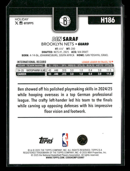 2025-26 Topps Holiday Basketball Ben Saraf #H186 RC