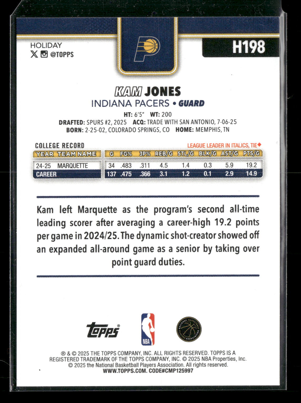 2025-26 Topps Holiday Basketball Kam Jones #H198 RC