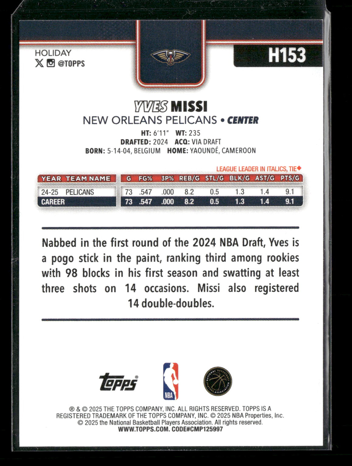 2025-26 Topps Holiday Basketball Yves Missi #H153