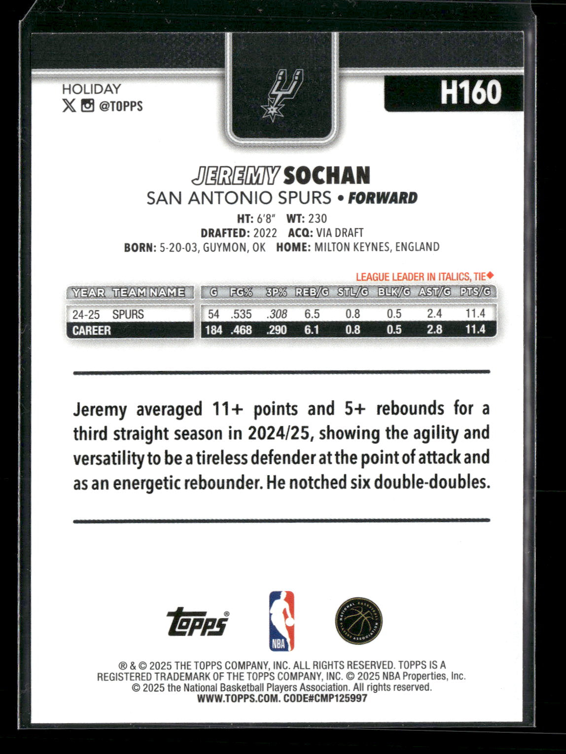 2025-26 Topps Holiday Basketball Jeremy Sochan #H160