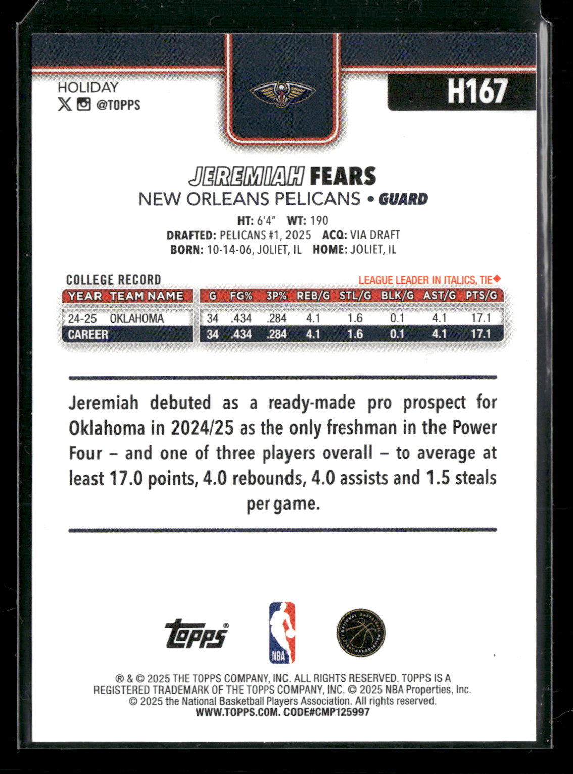 2025-26 Topps Holiday Basketball Jeremiah Fears #H167 RC