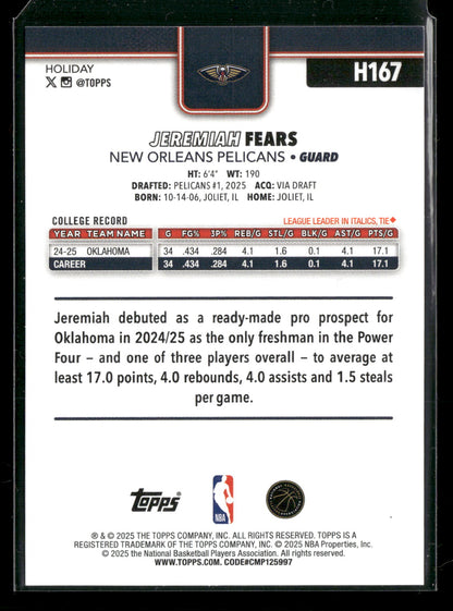 2025-26 Topps Holiday Basketball Jeremiah Fears #H167 RC