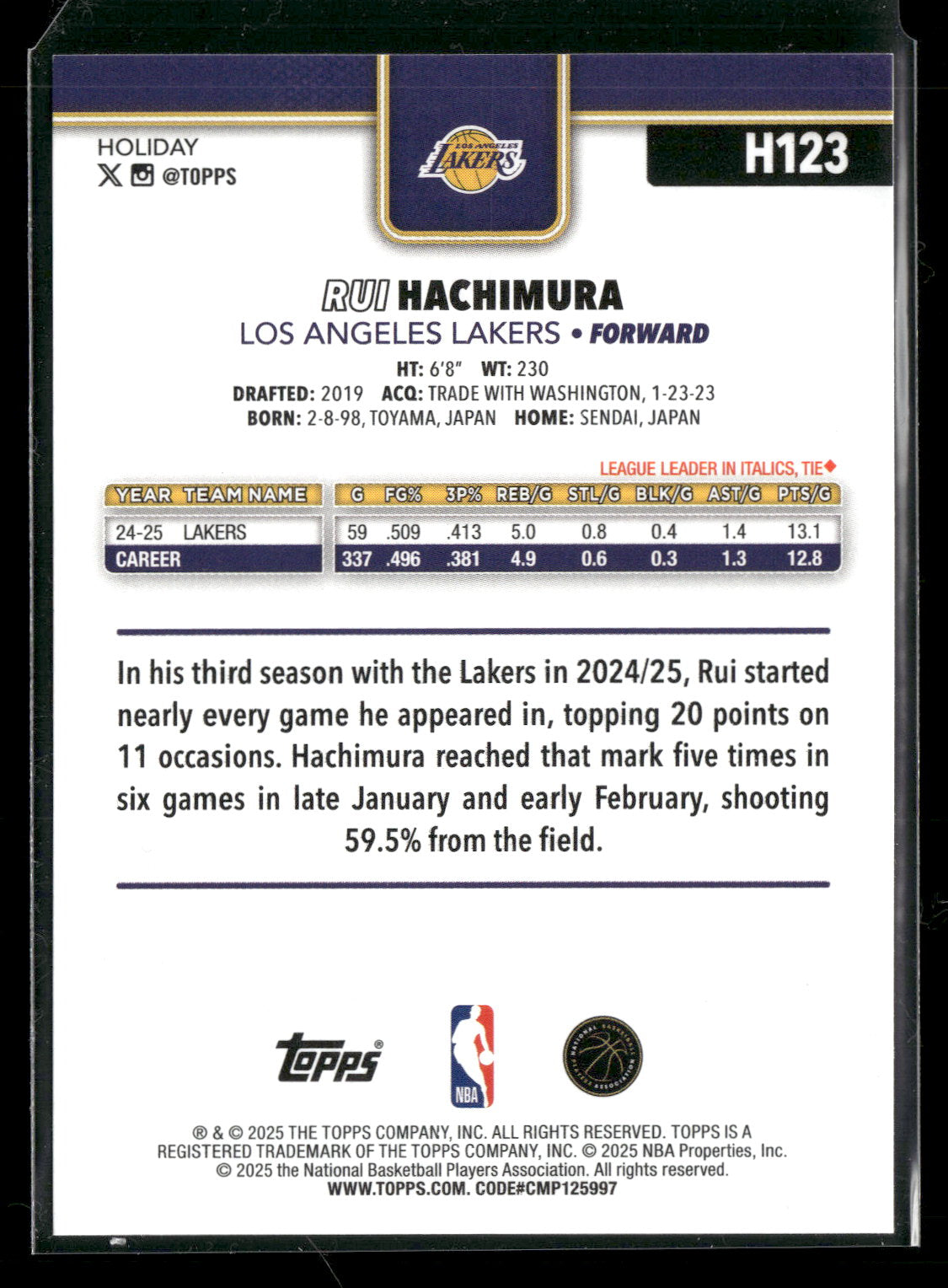 2025-26 Topps Holiday Basketball Rui Hachimura #H123