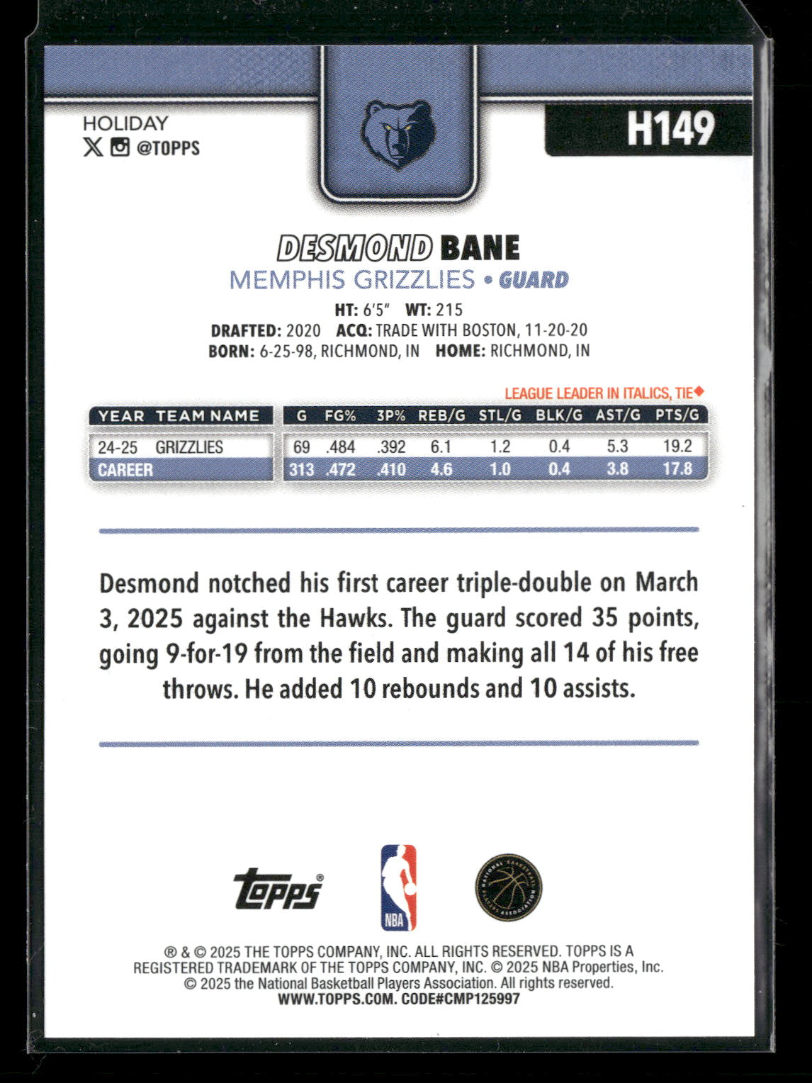 2025-26 Topps Holiday Basketball Desmond Bane #H149