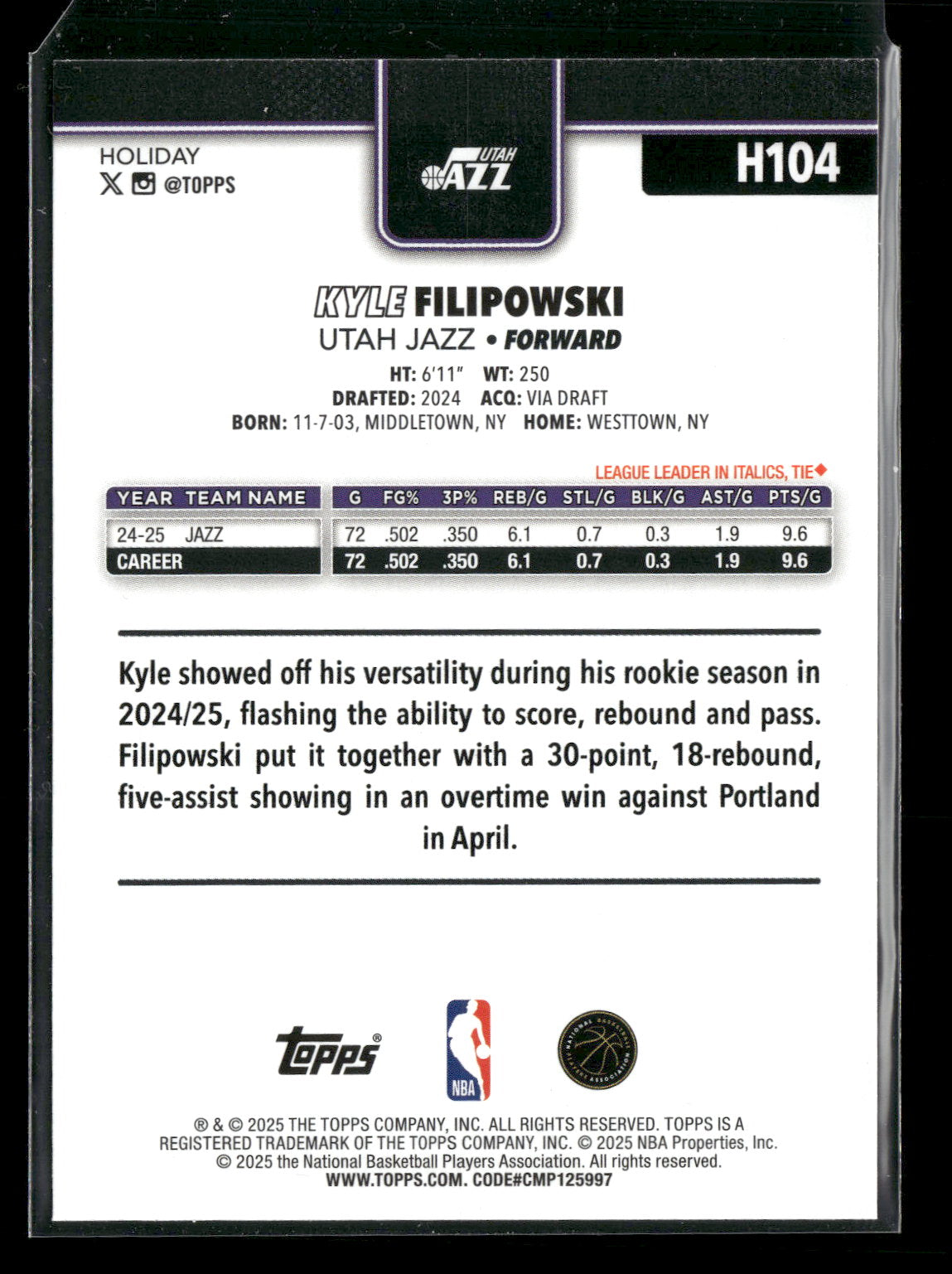2025-26 Topps Holiday Basketball Kyle Filipowski #H104