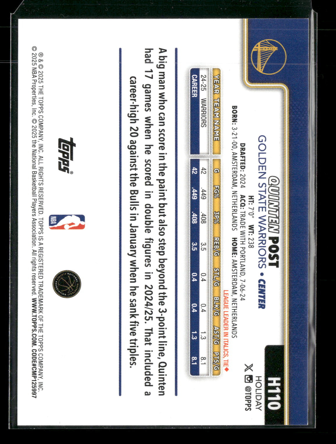 2025-26 Topps Holiday Basketball Quinten Post #H110