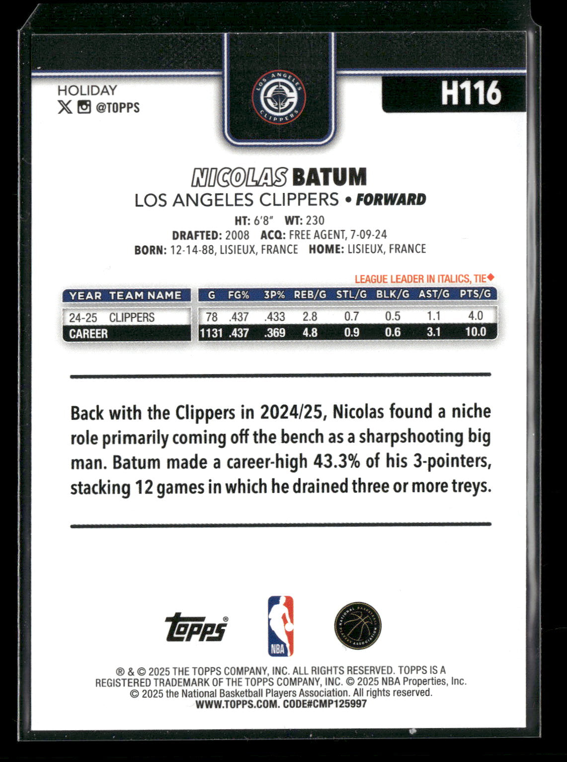 2025-26 Topps Holiday Basketball Nicolas Batum #H116