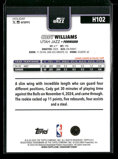 2025-26 Topps Holiday Basketball Cody Williams #H102