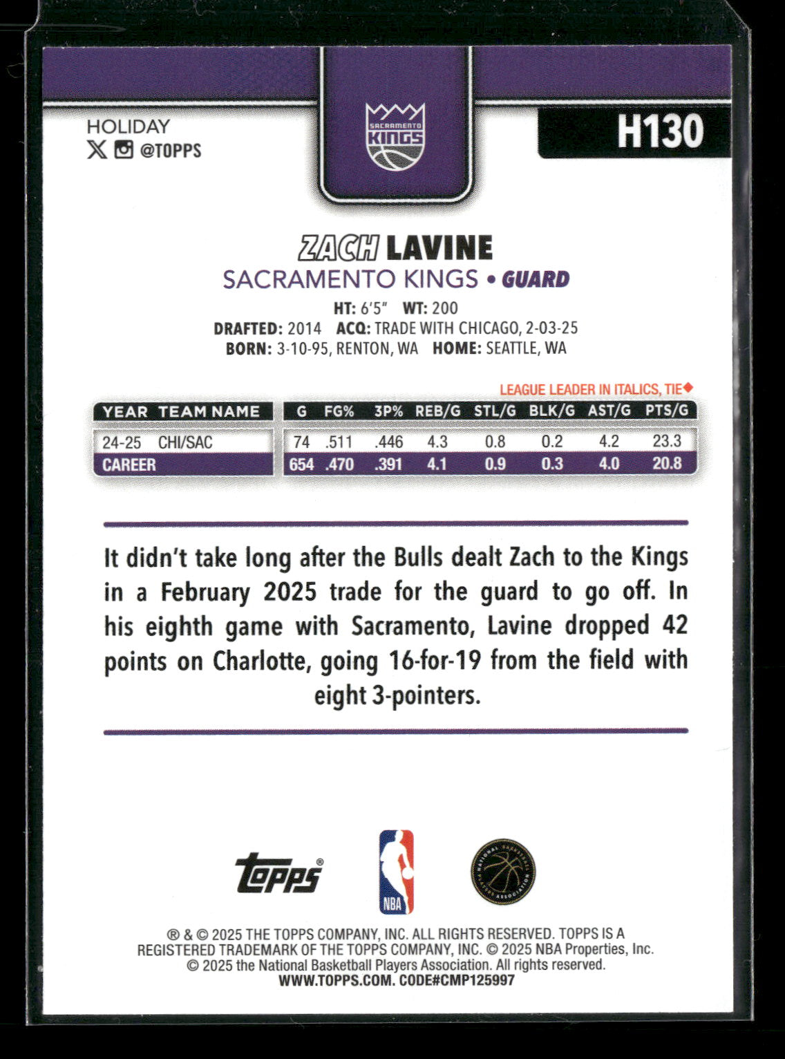 2025-26 Topps Holiday Basketball Zach LaVine #H130