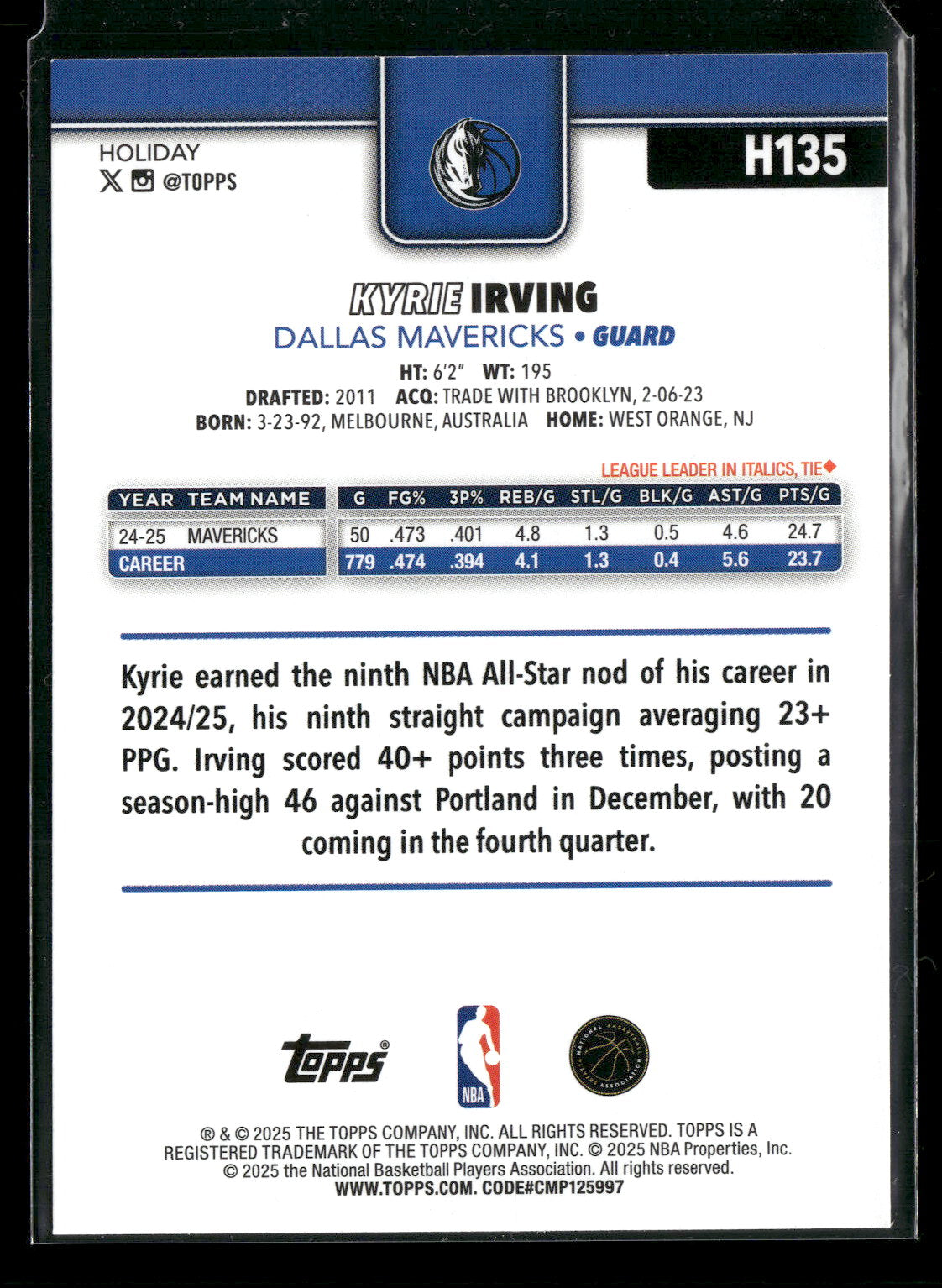 2025-26 Topps Holiday Basketball Kyrie Irving #H135
