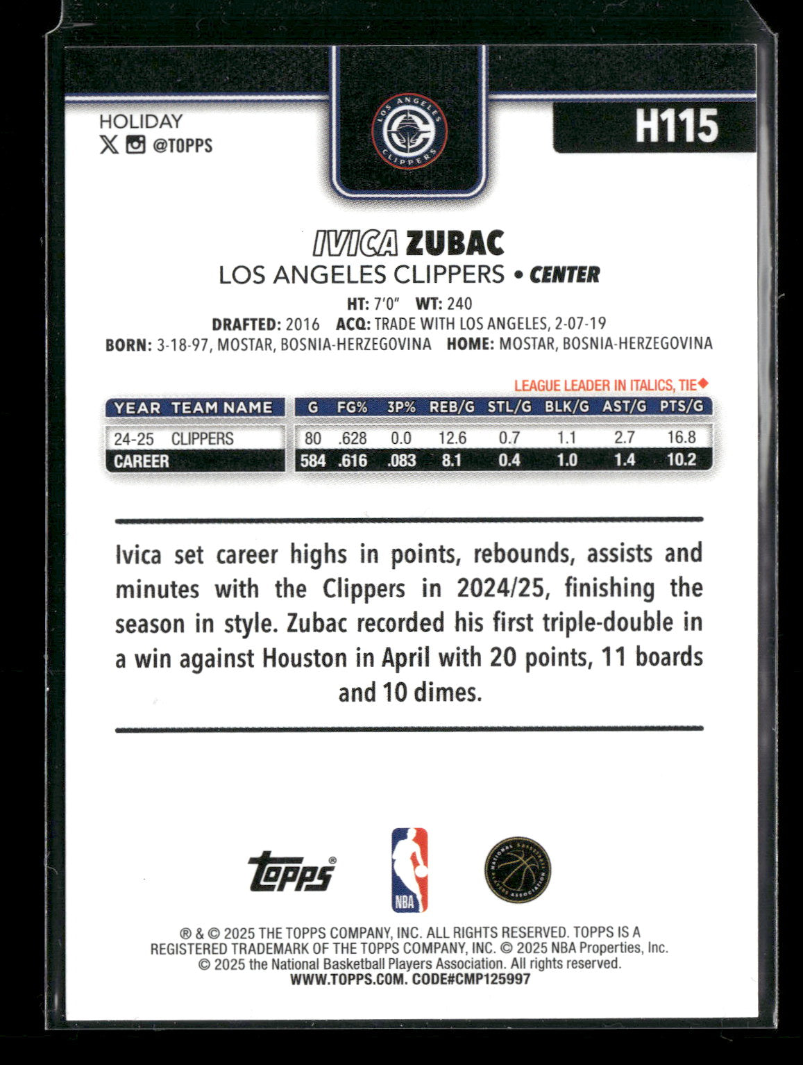 2025-26 Topps Holiday Basketball Ivica Zubac #H115
