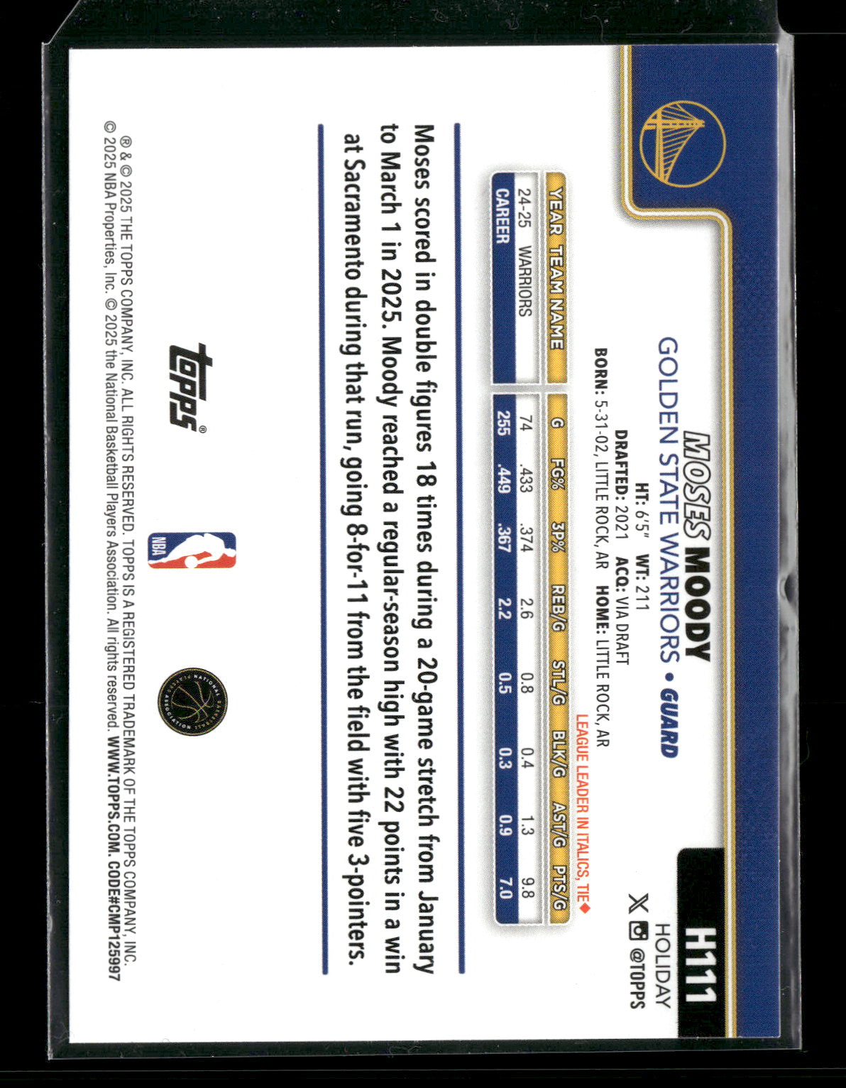 2025-26 Topps Holiday Basketball Moses Moody #H111