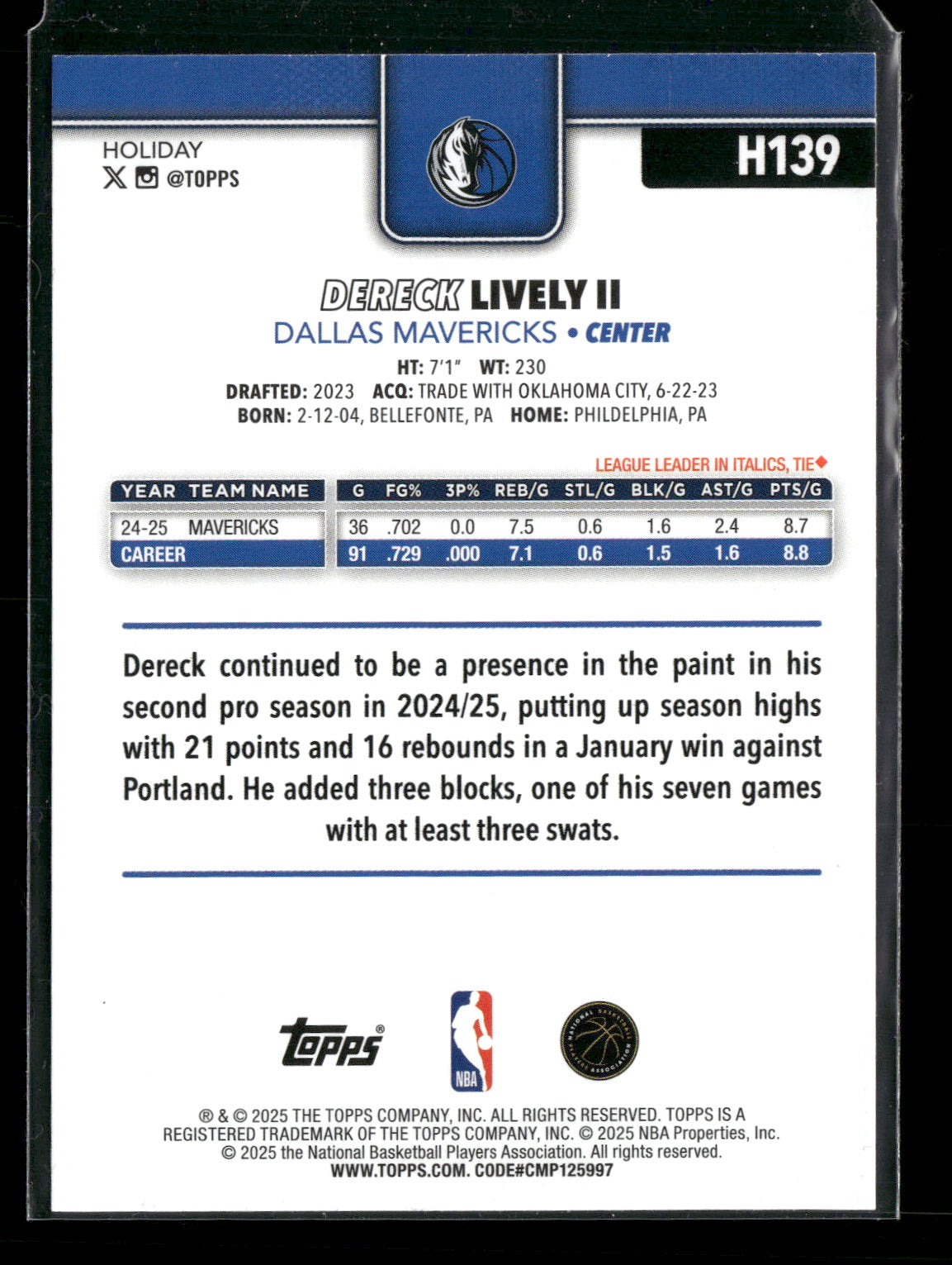 2025-26 Topps Holiday Basketball Dereck Lively II #H139
