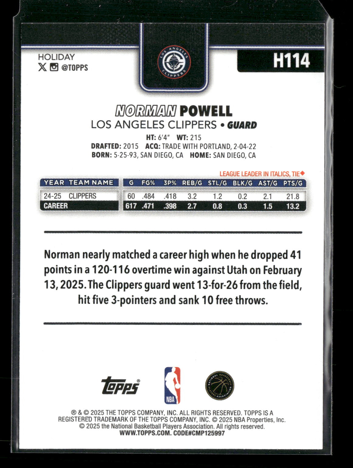 2025-26 Topps Holiday Basketball Norman Powell #H114