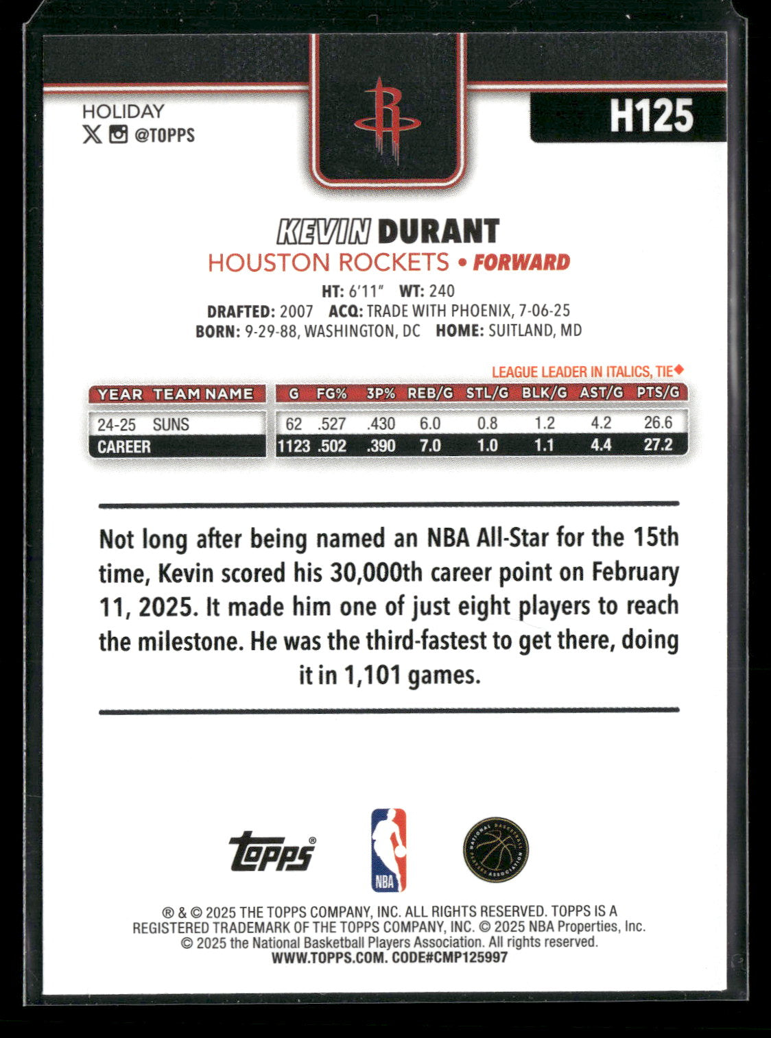 2025-26 Topps Holiday Basketball Kevin Durant #H125