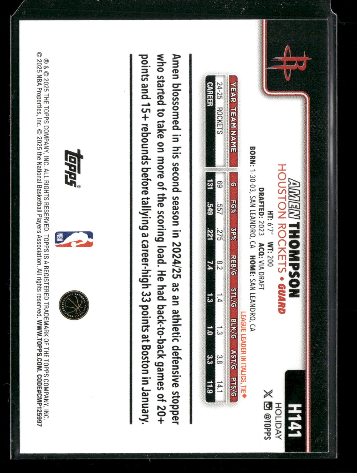2025-26 Topps Holiday Basketball Amen Thompson #H141