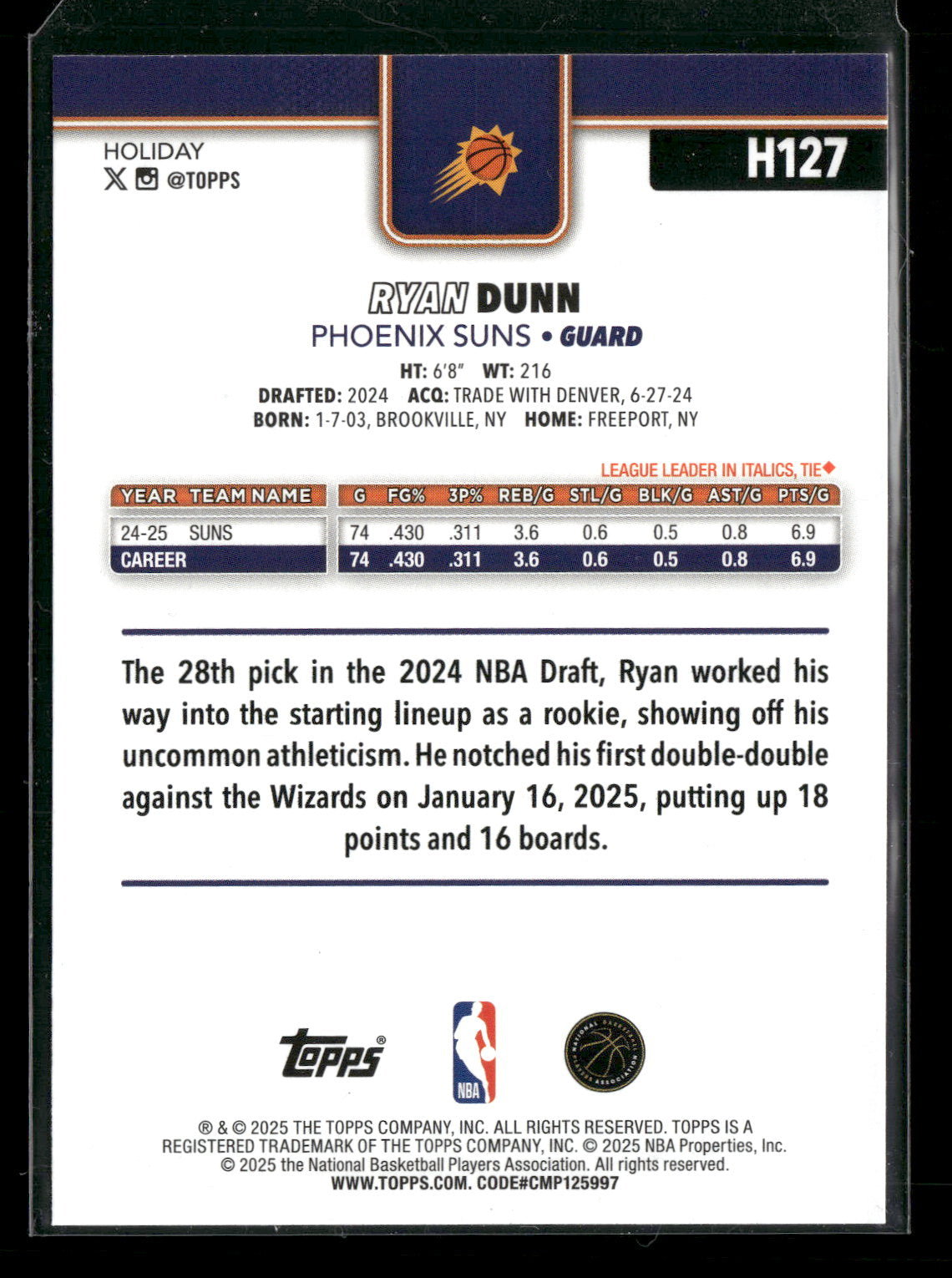 2025-26 Topps Holiday Basketball Ryan Dunn #H127