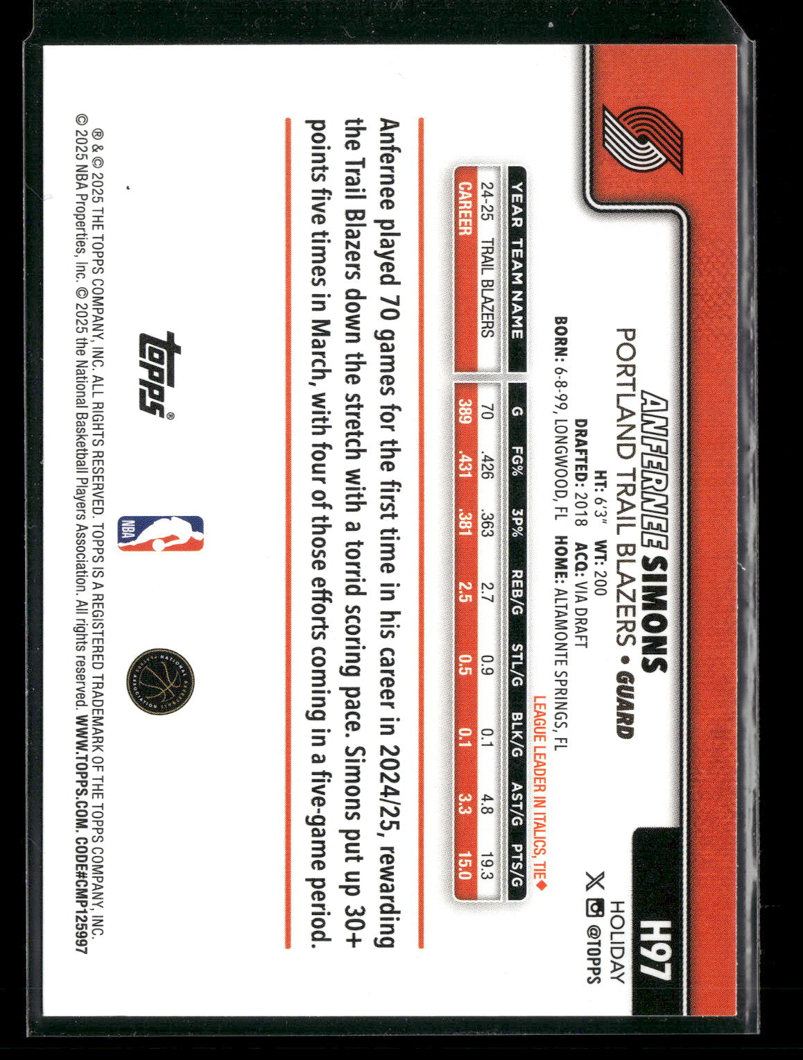 2025-26 Topps Holiday Basketball Anfernee Simons #H97