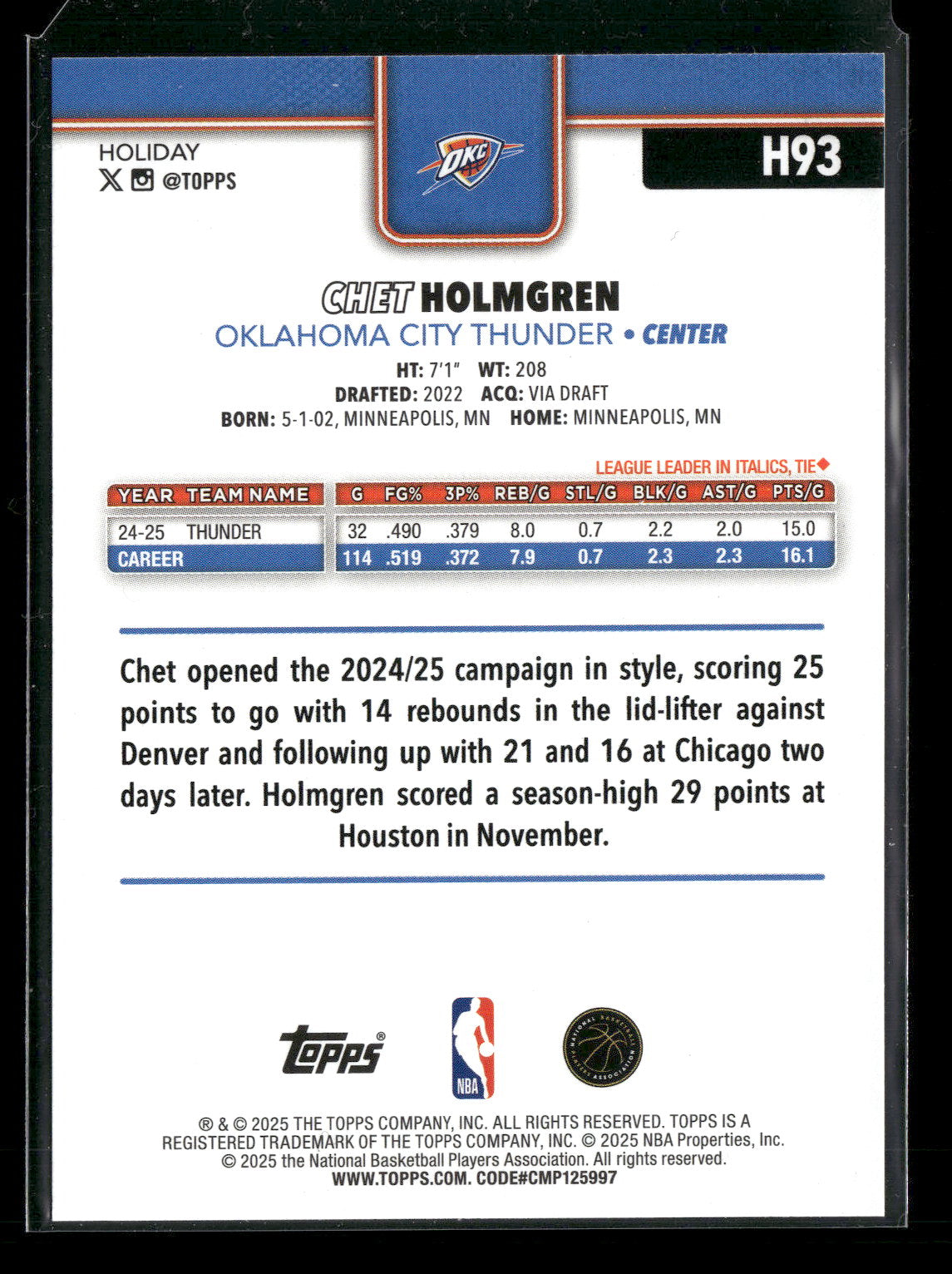 2025-26 Topps Holiday Basketball Chet Holmgren #H93
