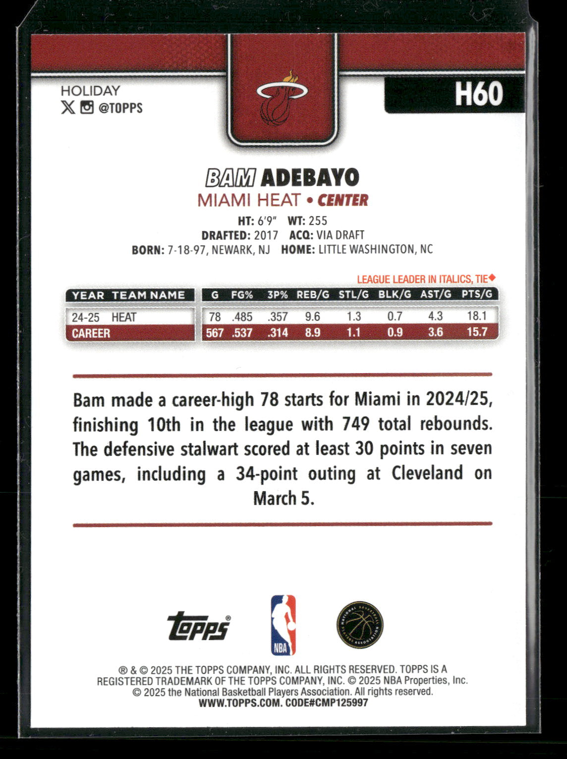 2025-26 Topps Holiday Basketball Bam Adebayo #H60