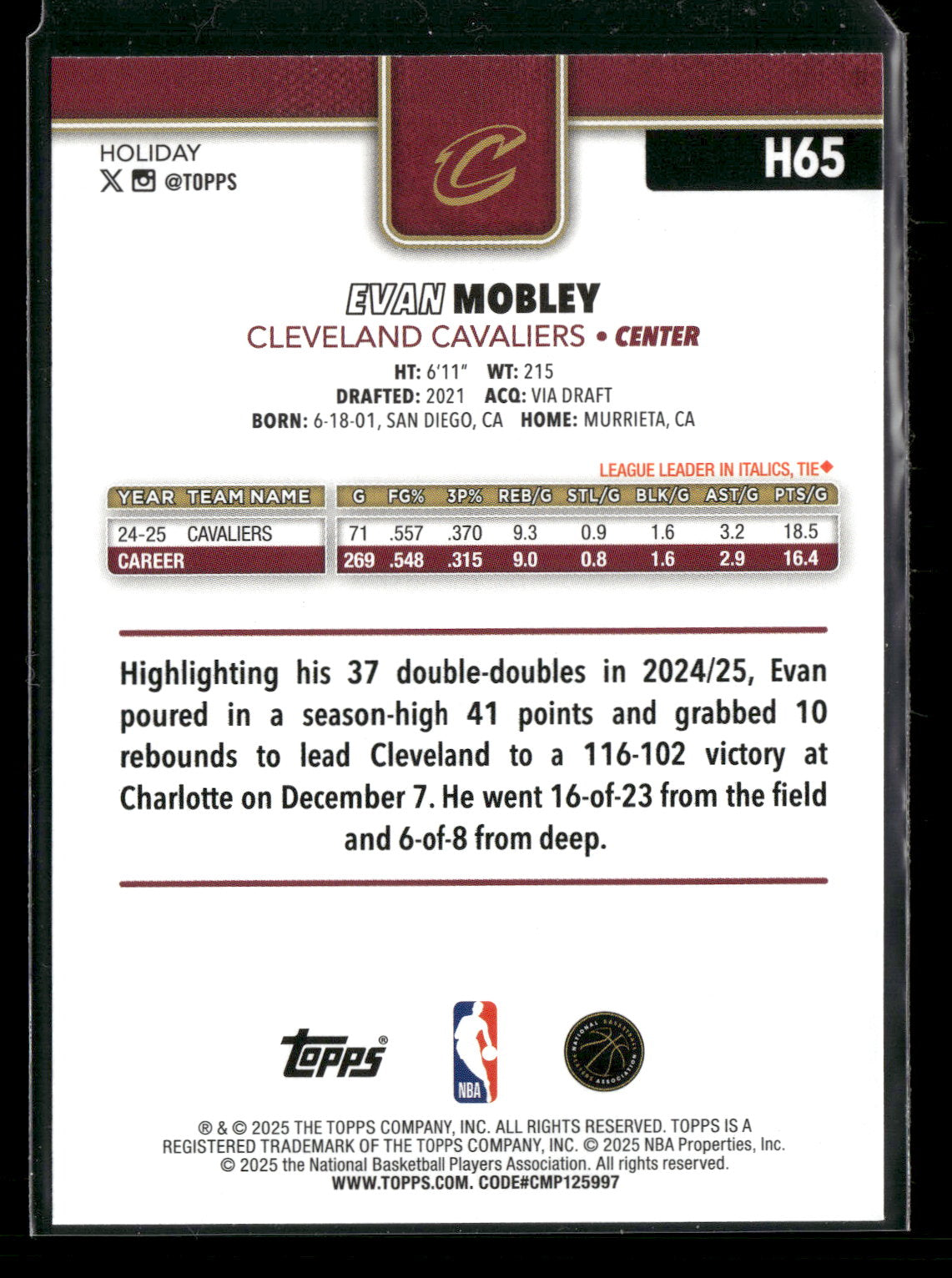 2025-26 Topps Holiday Basketball Evan Mobley #H65