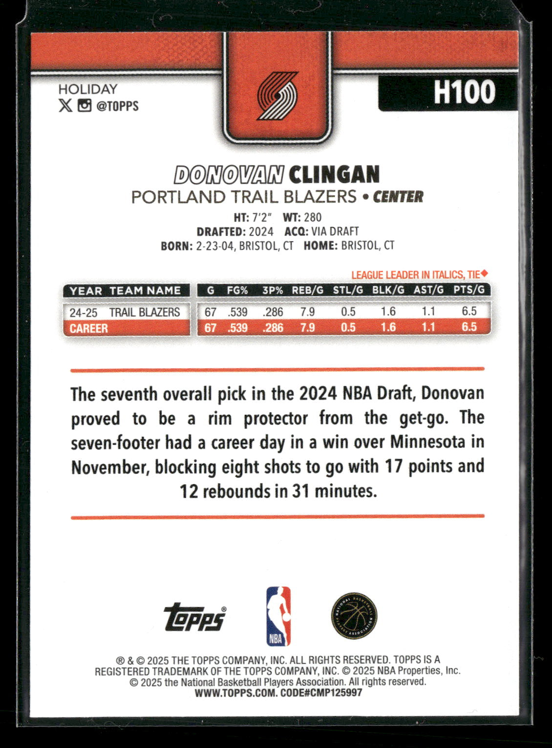 2025-26 Topps Holiday Basketball Donovan Clingan #H100