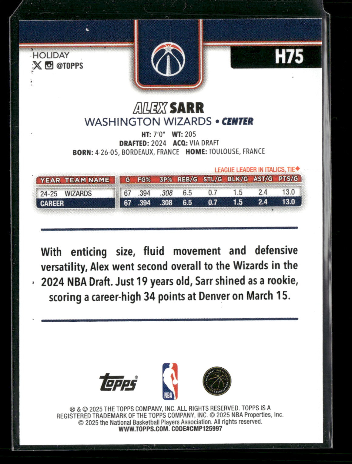 2025-26 Topps Holiday Basketball Alex Sarr #H75