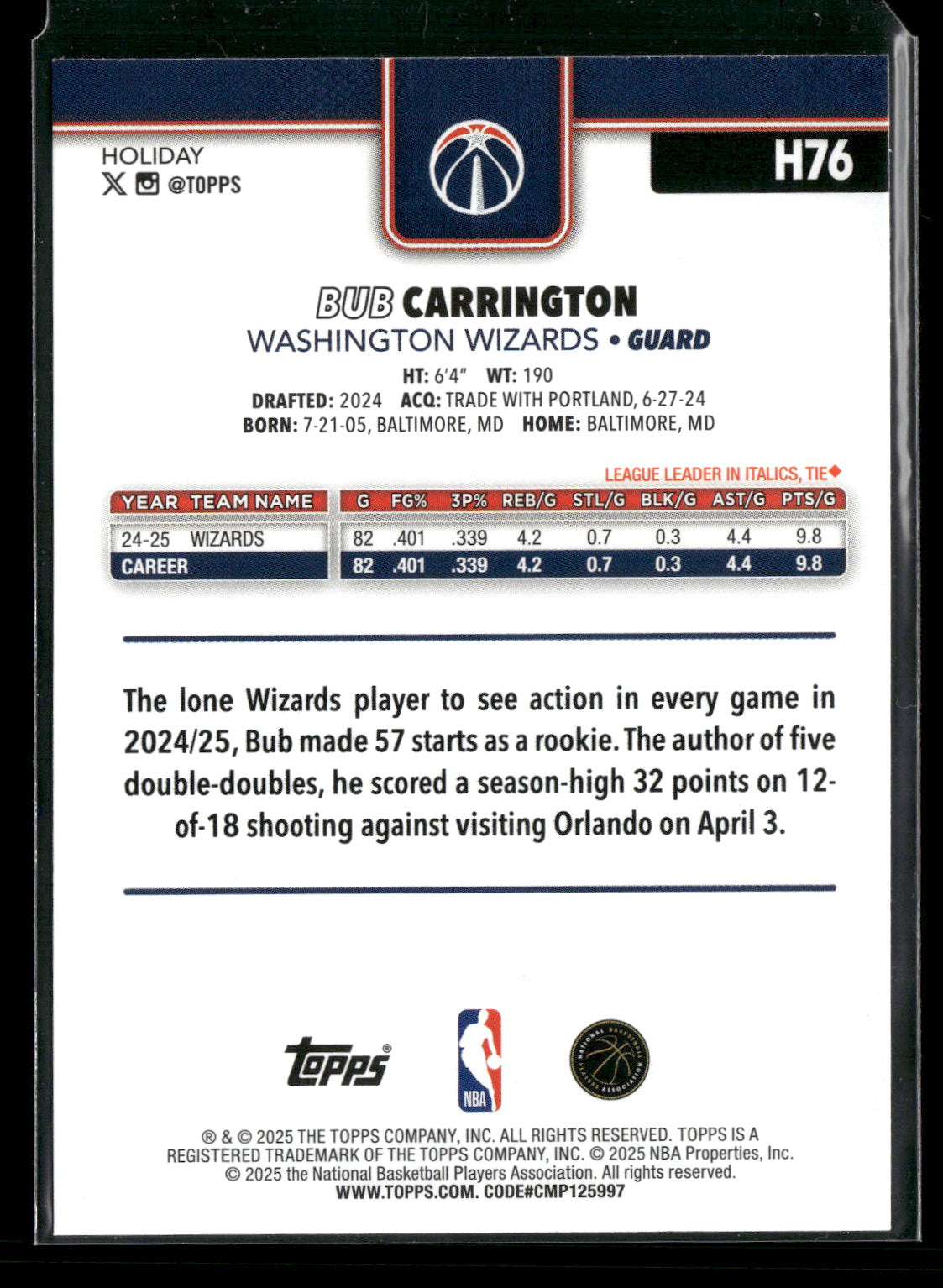 2025-26 Topps Holiday Basketball Bub Carrington #H76