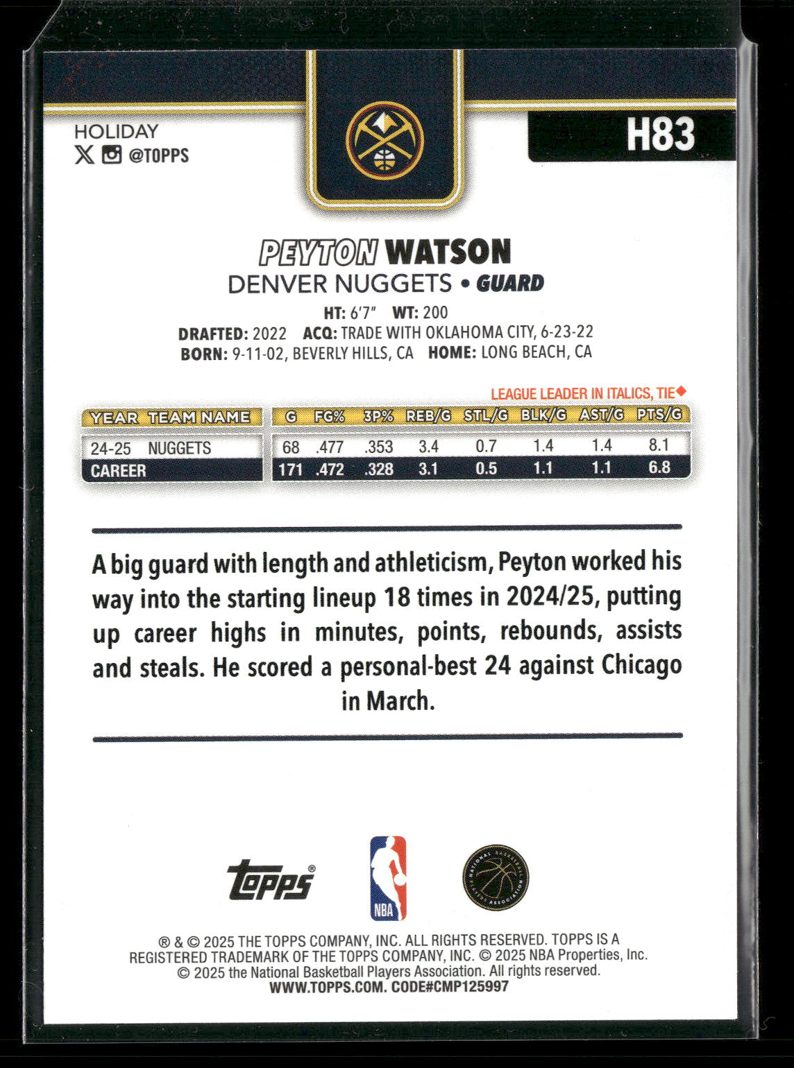 2025-26 Topps Holiday Basketball Peyton Watson #H83