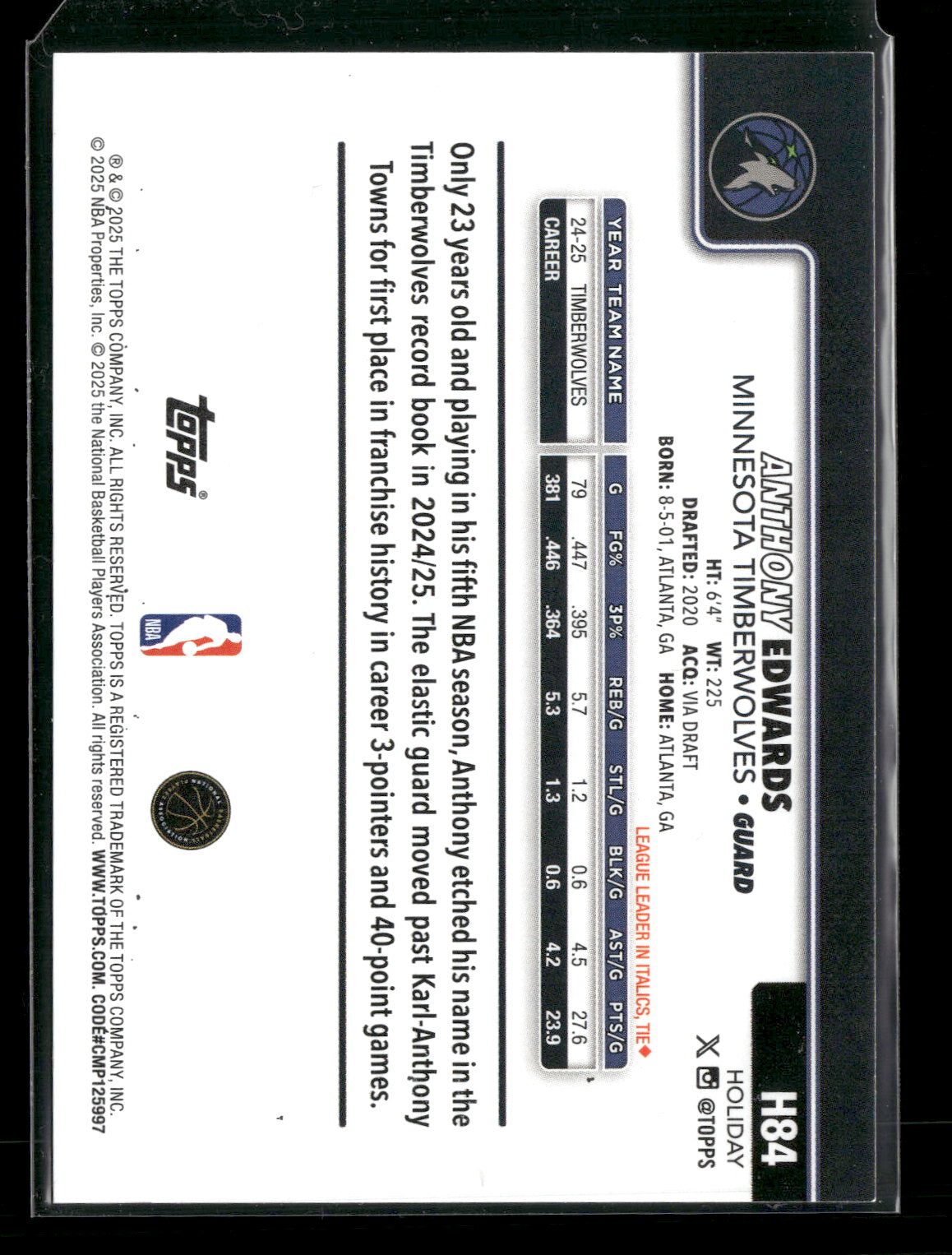 2025-26 Topps Holiday Basketball Anthony Edwards #H84