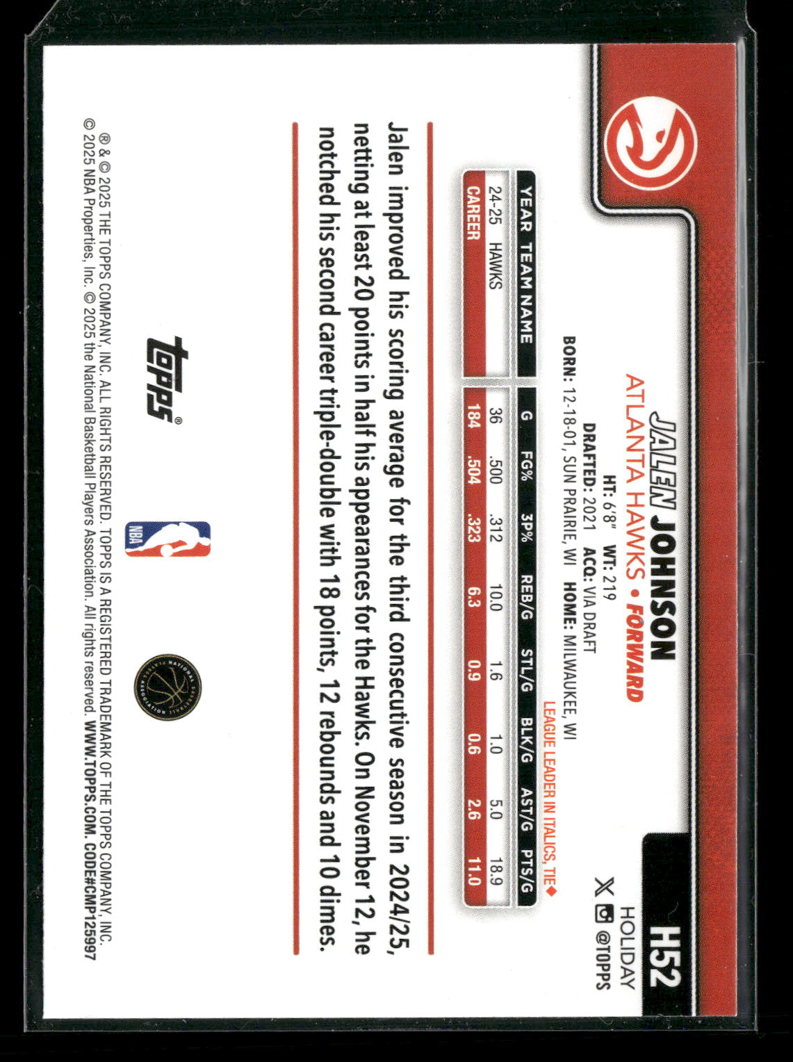 2025-26 Topps Holiday Basketball Jalen Johnson #H52