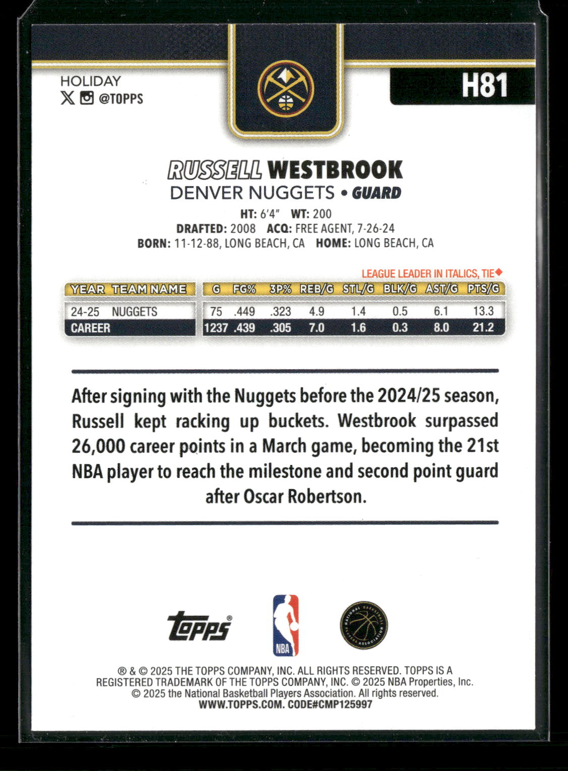 2025-26 Topps Holiday Basketball Russell Westbrook #H81