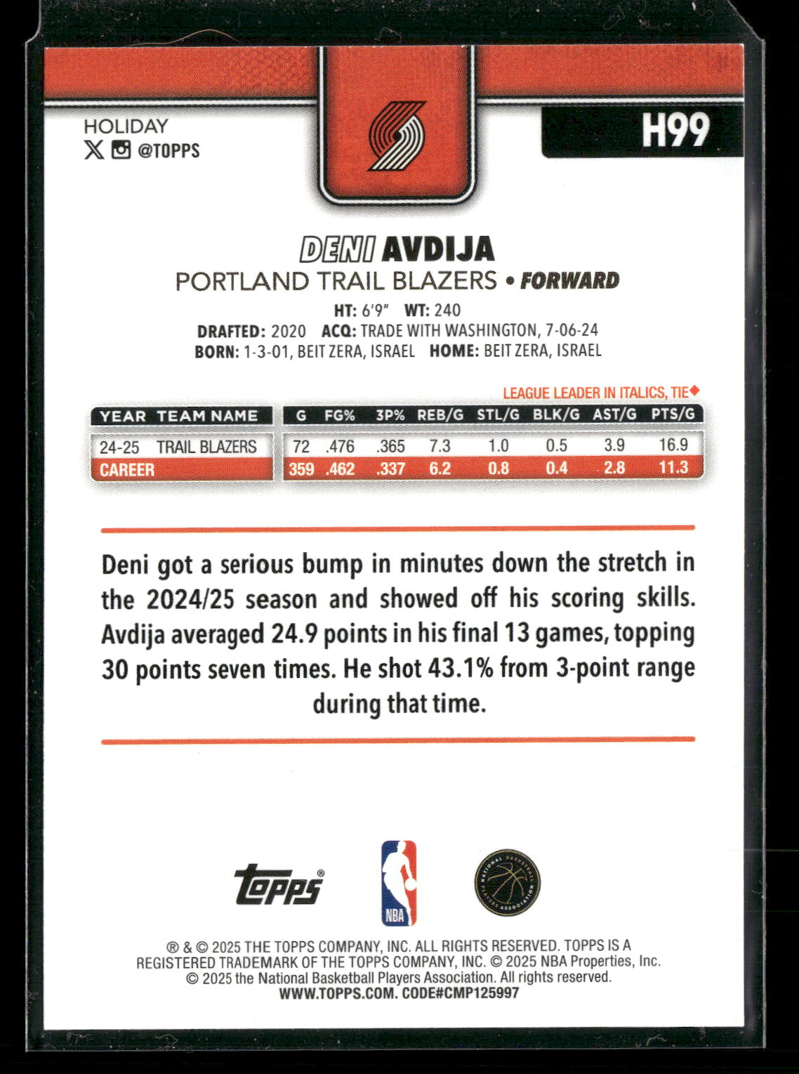 2025-26 Topps Holiday Basketball Deni Avdija #H99