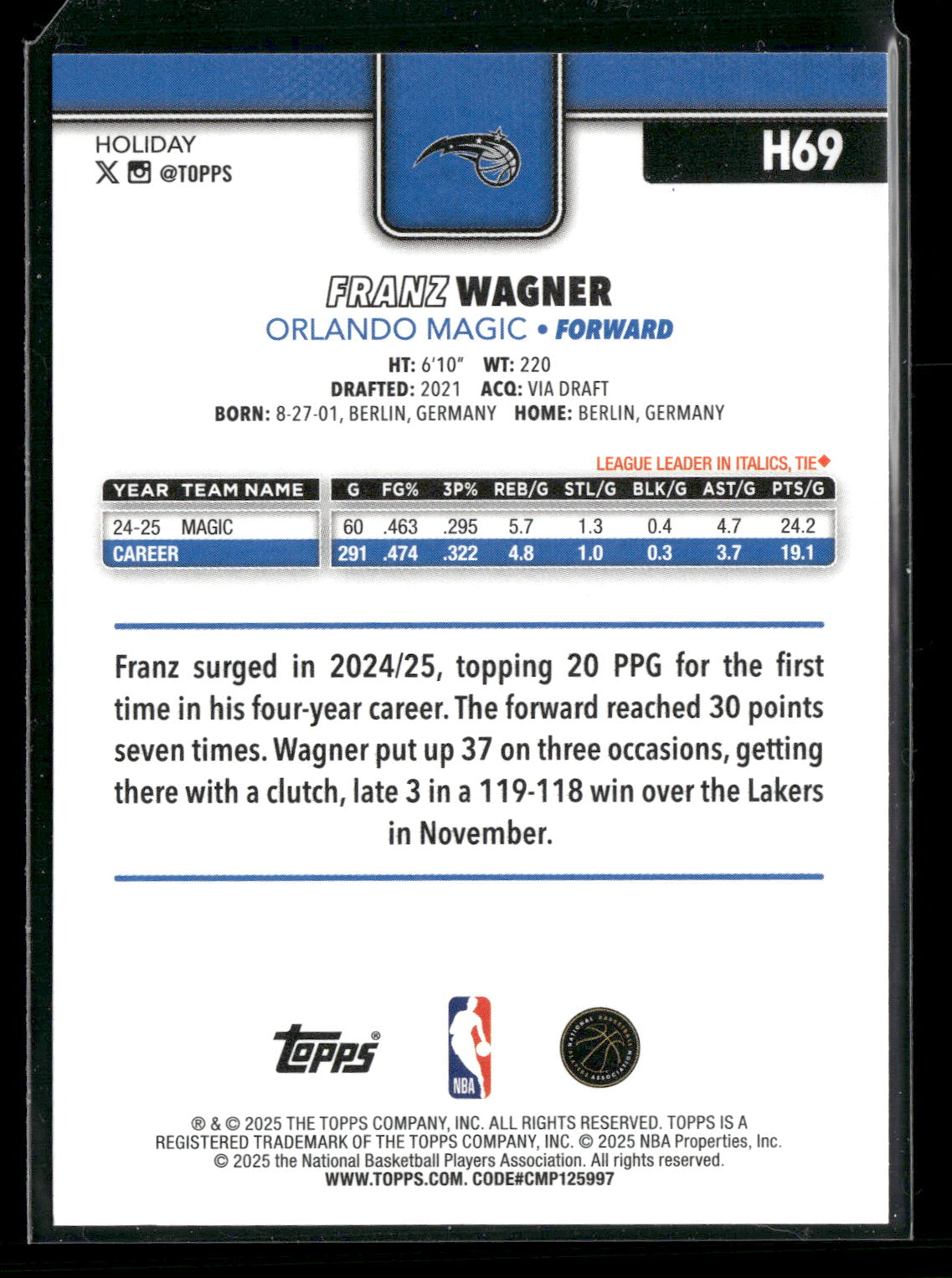 2025-26 Topps Holiday Basketball Franz Wagner #H69