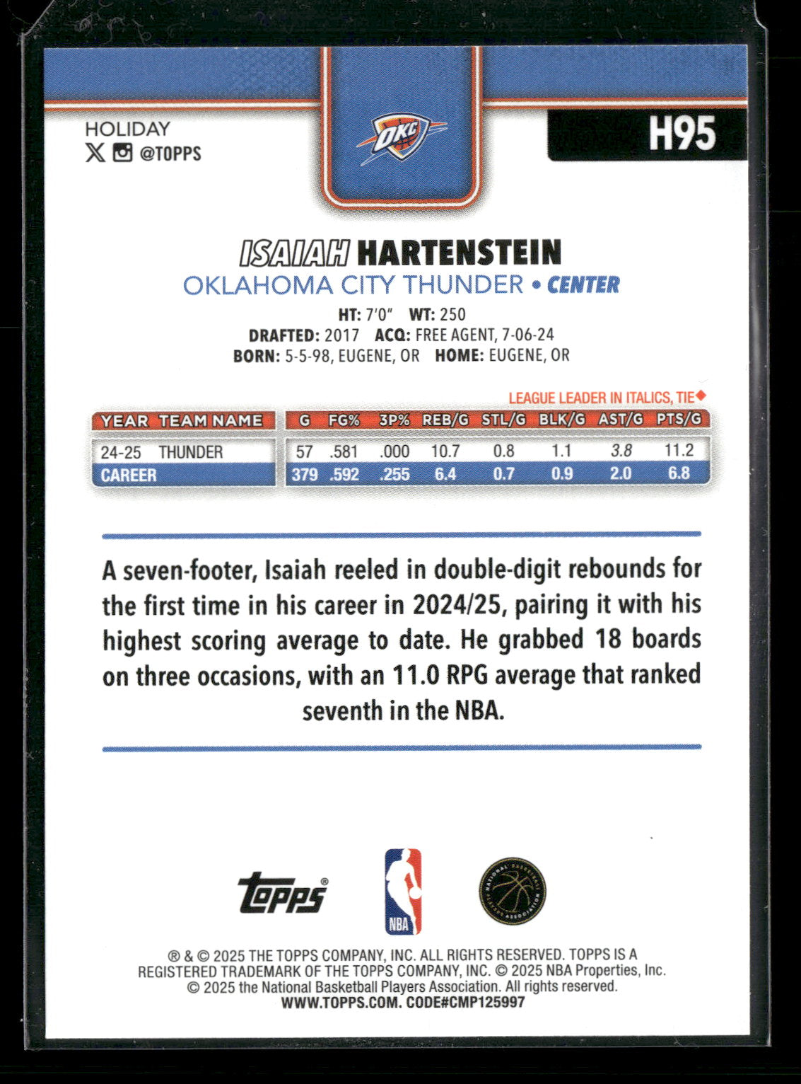 2025-26 Topps Holiday Basketball Isaiah Hartenstein #H95