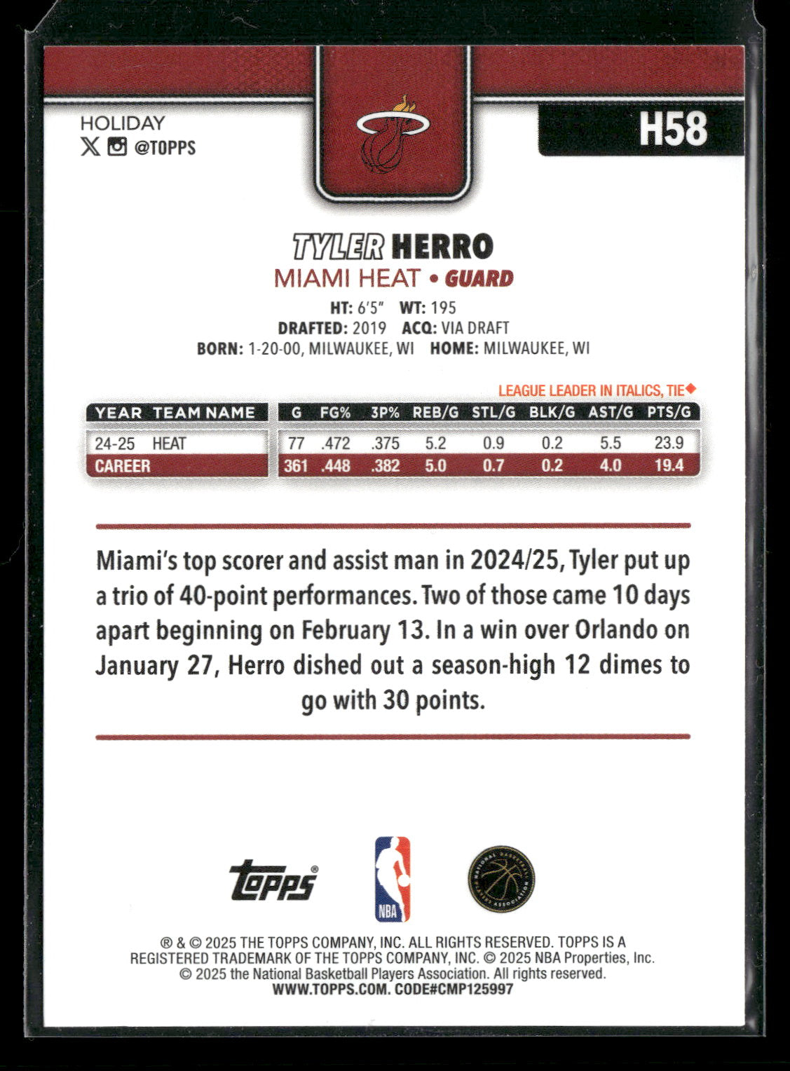 2025-26 Topps Holiday Basketball Tyler Herro #H58
