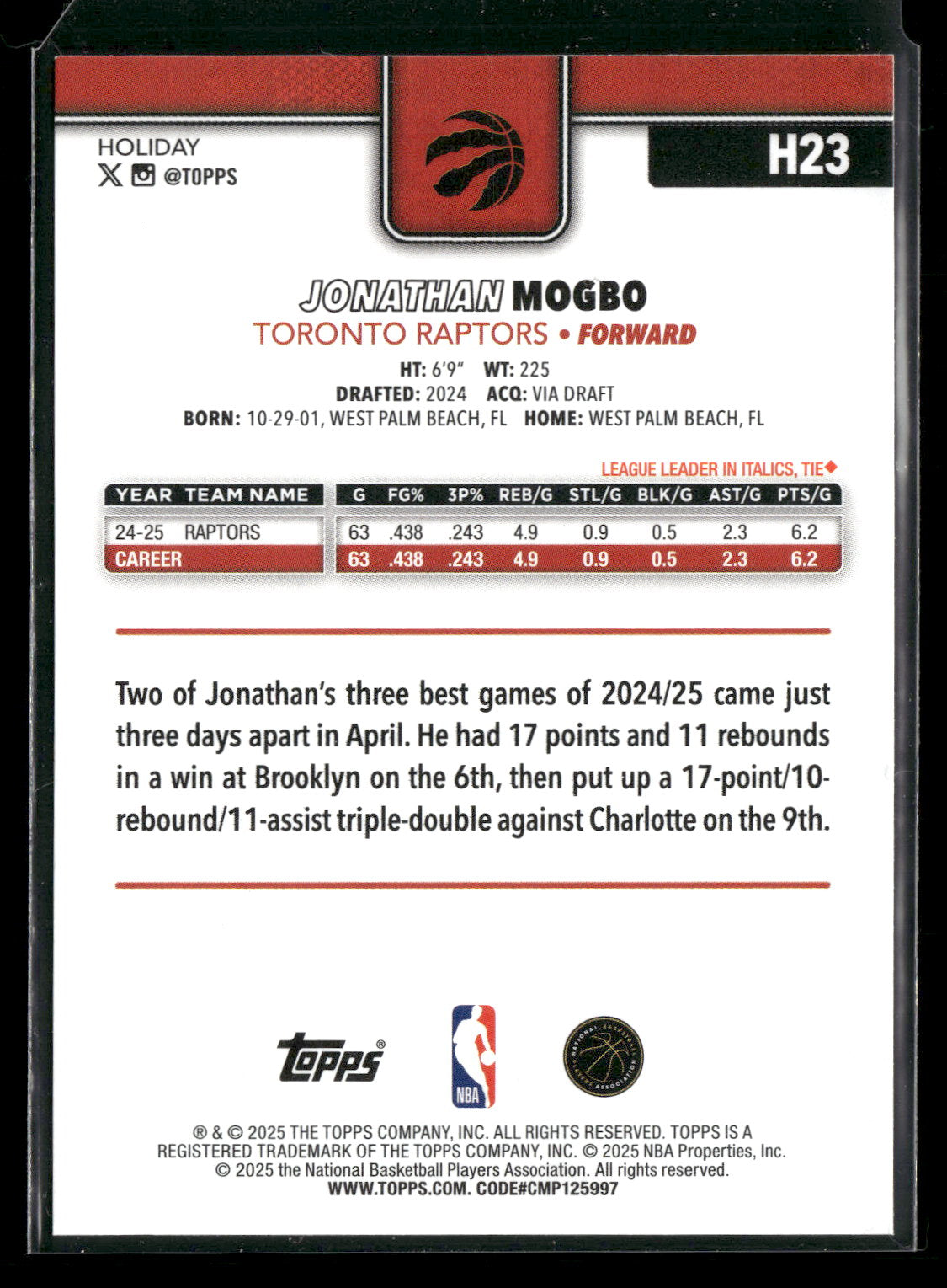 2025-26 Topps Holiday Basketball Jonathan Mogbo #H23