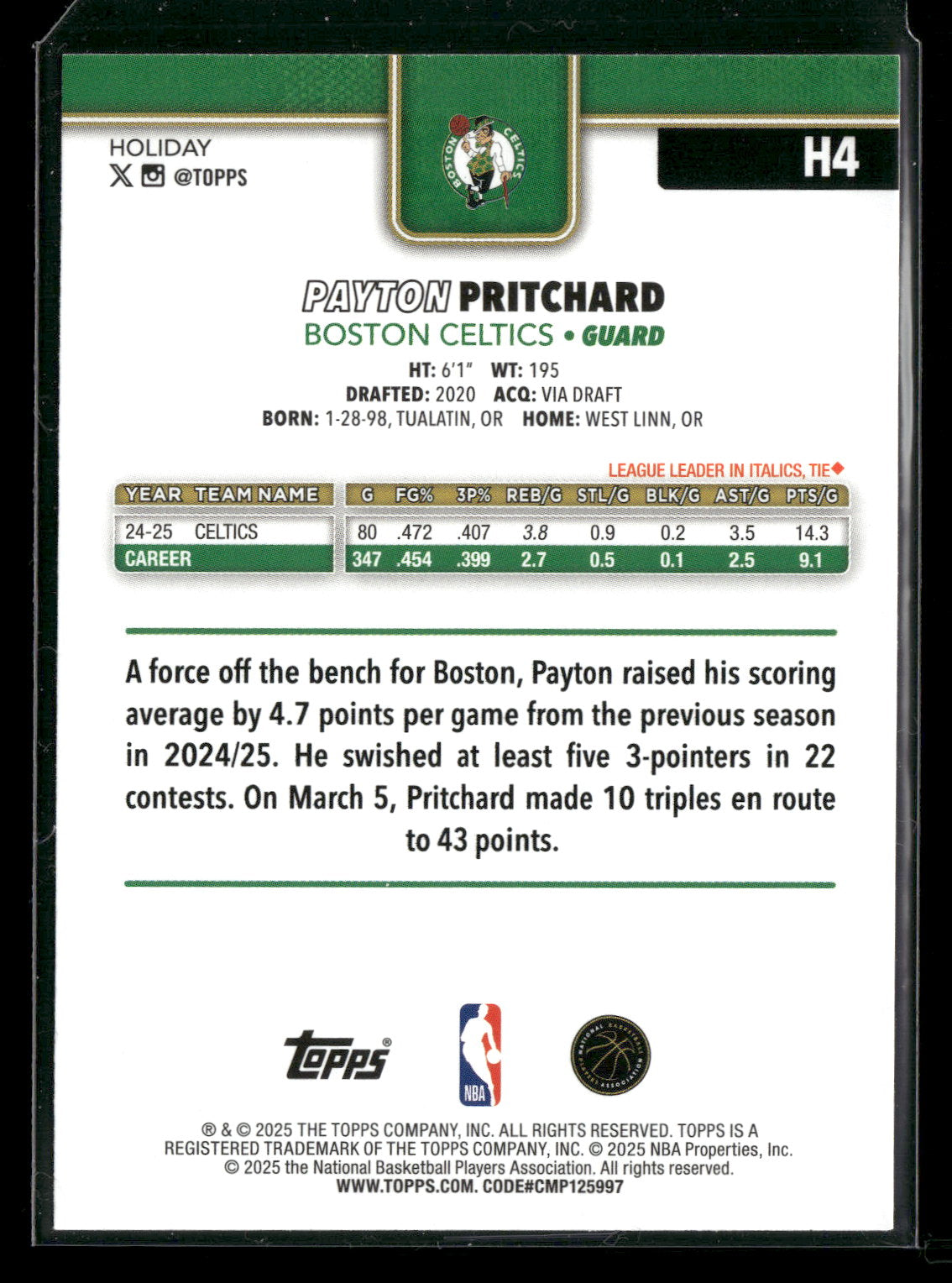 2025-26 Topps Holiday Basketball Payton Pritchard #H4