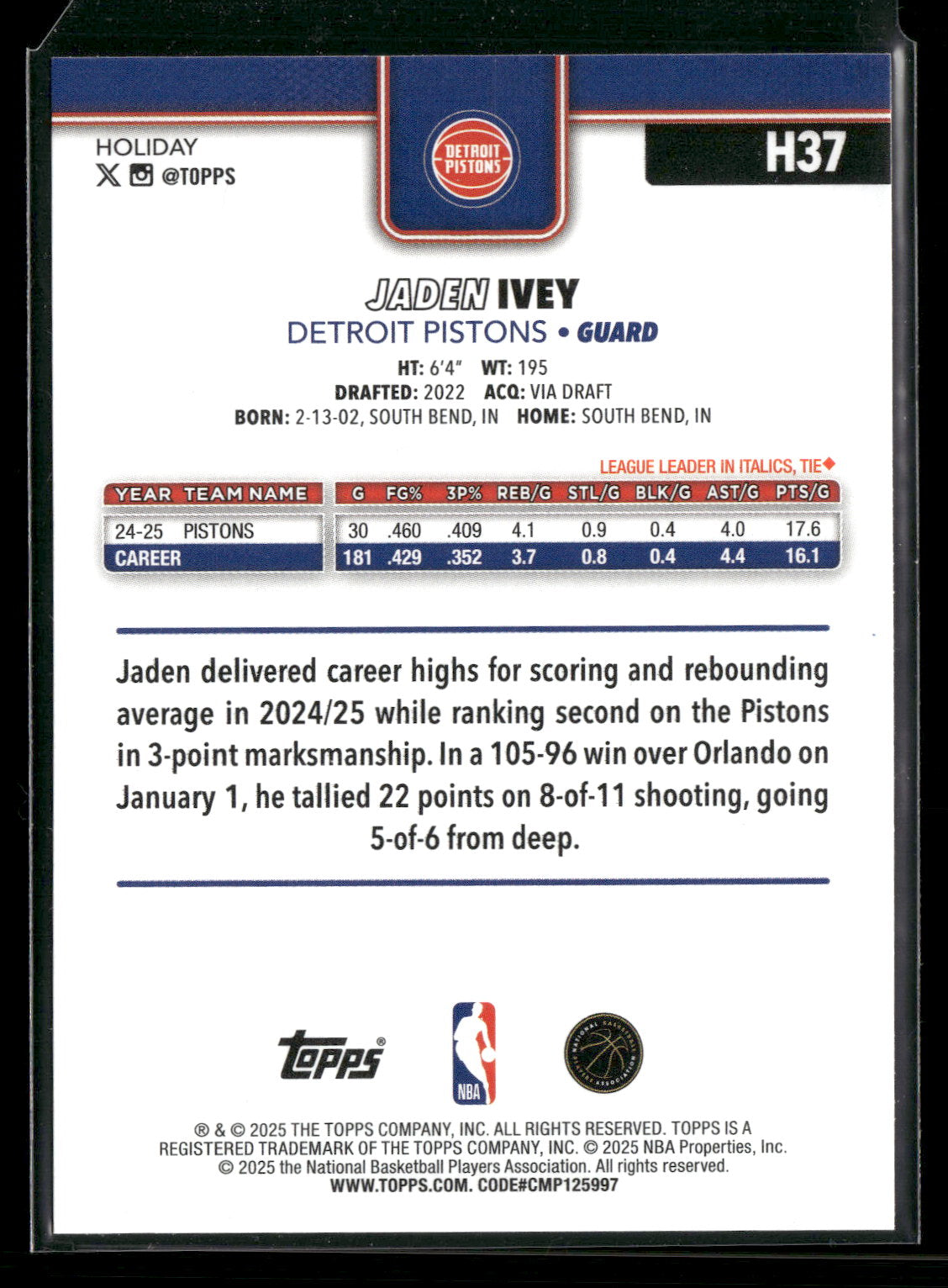 2025-26 Topps Holiday Basketball Jaden Ivey #H37