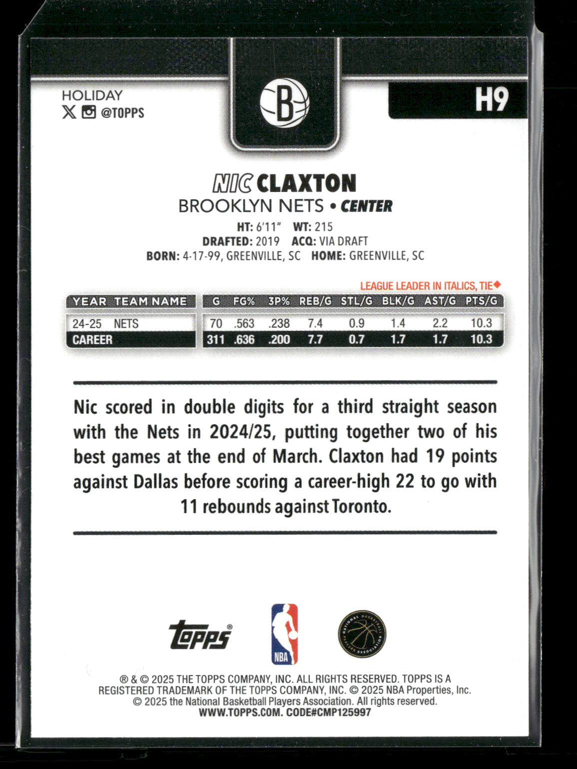 2025-26 Topps Holiday Basketball Nic Claxton #H9