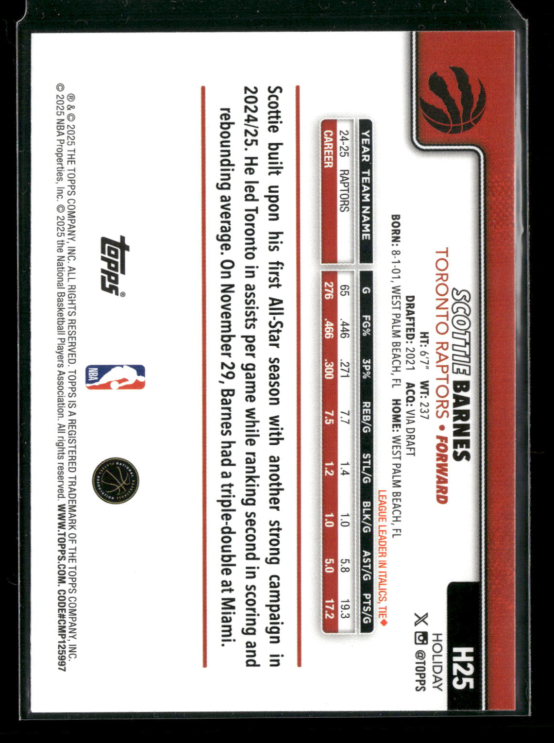 2025-26 Topps Holiday Basketball Scottie Barnes #H25