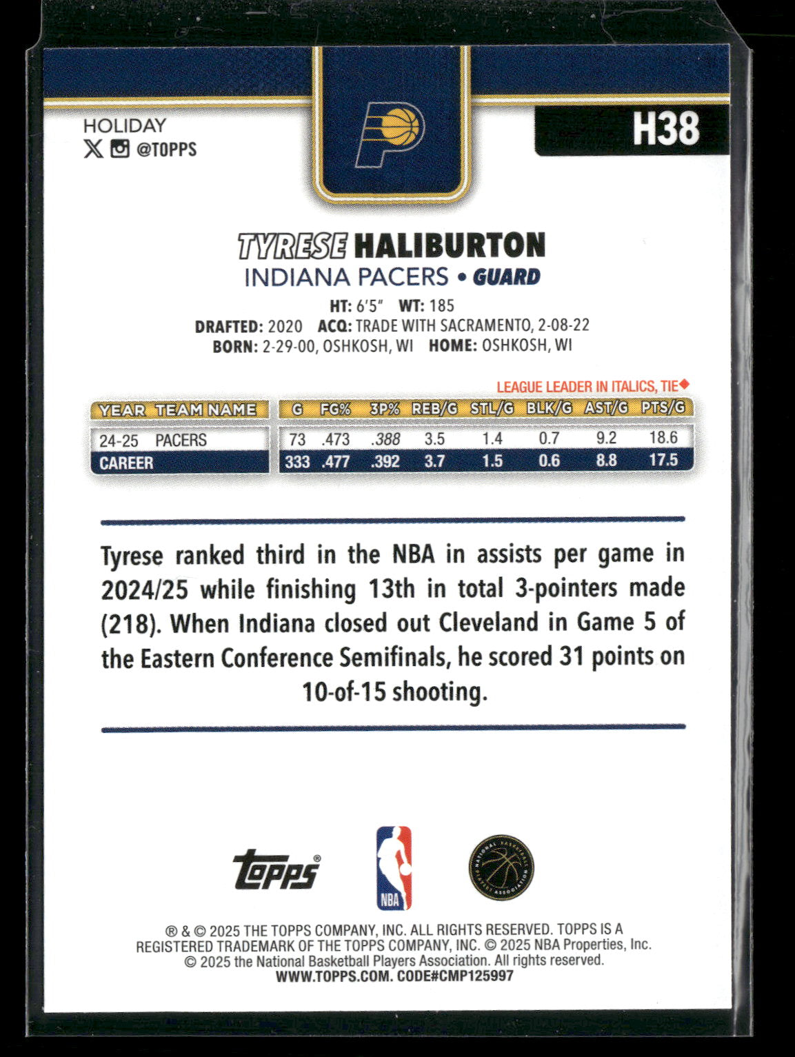 2025-26 Topps Holiday Basketball Tyrese Haliburton #H38