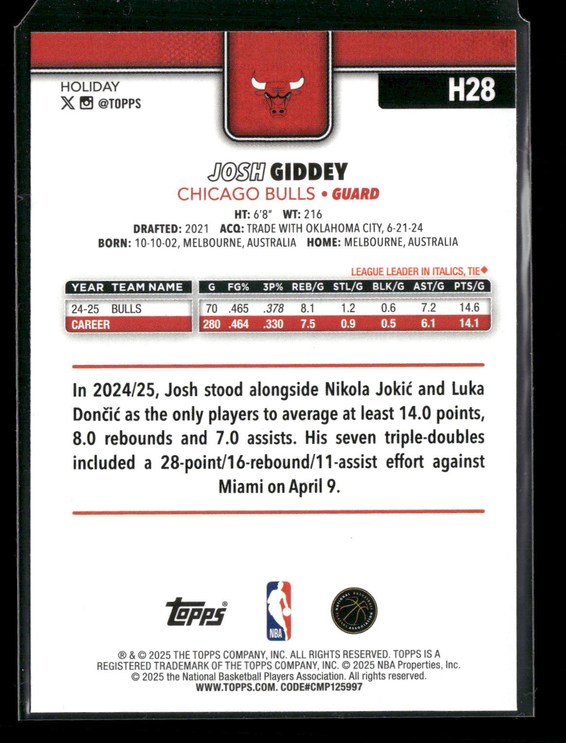 2025-26 Topps Holiday Basketball Josh Giddey #H28