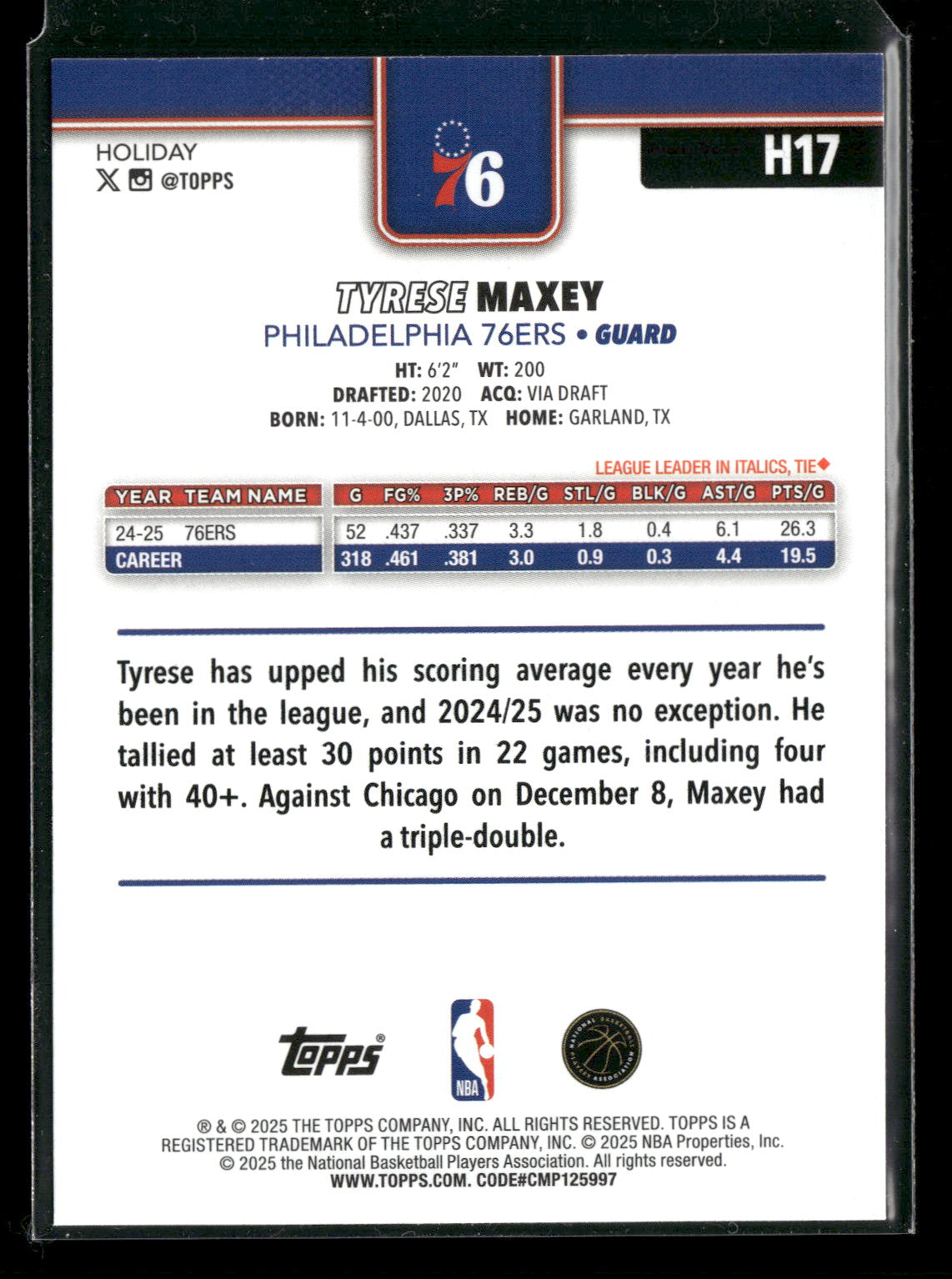 2025-26 Topps Holiday Basketball Tyrese Maxey #H17