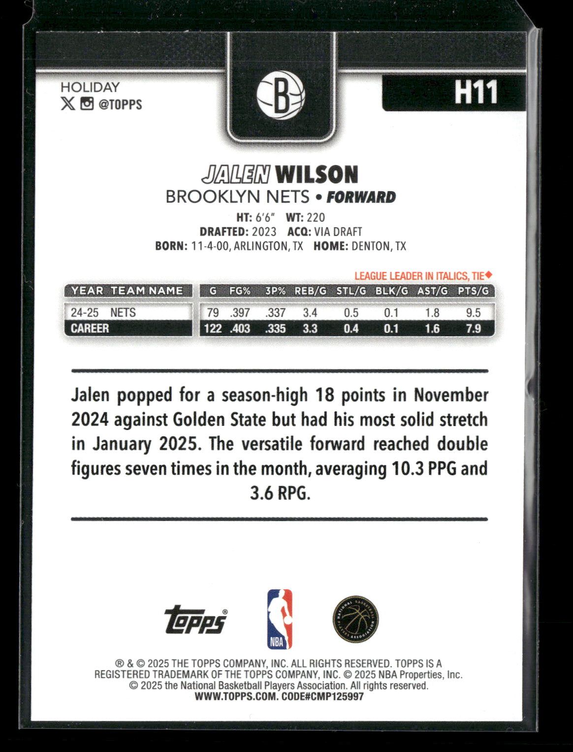 2025-26 Topps Holiday Basketball Jalen Wilson #H11