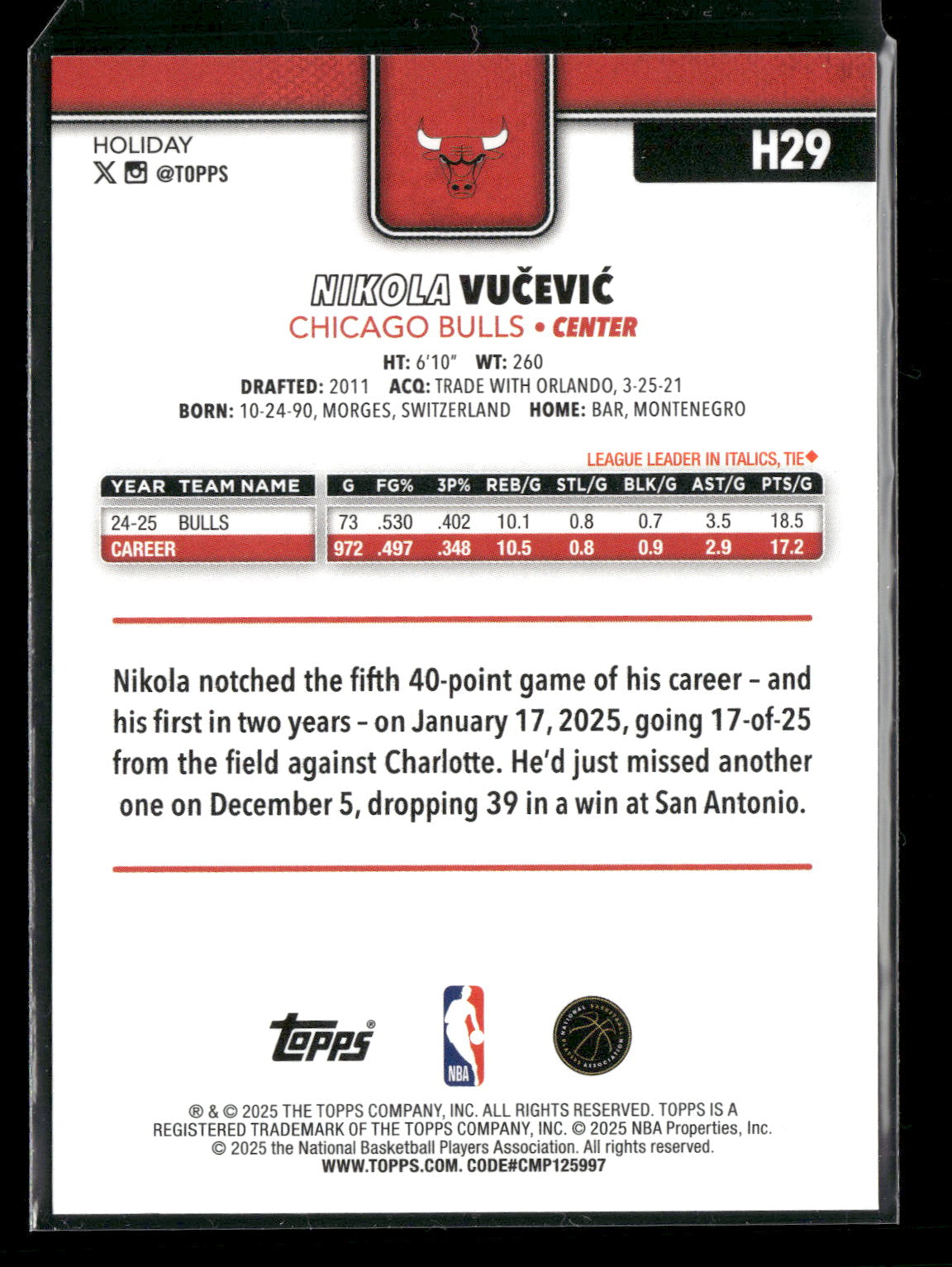 2025-26 Topps Holiday Basketball Nikola Vučević #H29