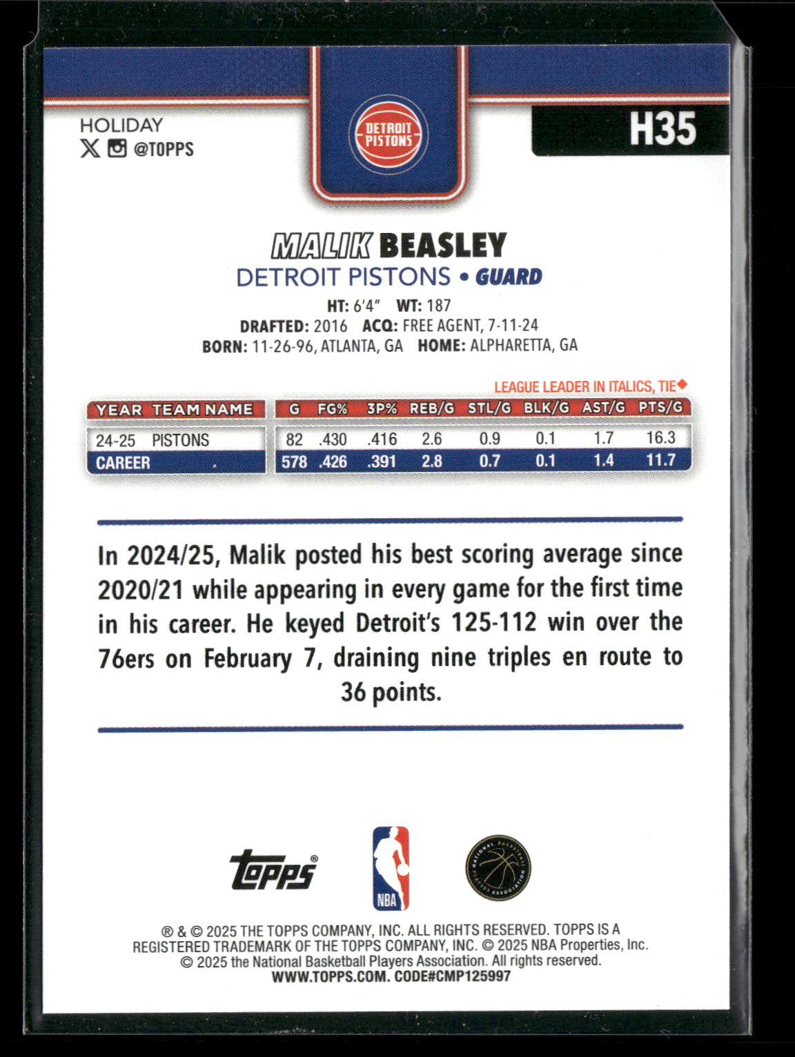 2025-26 Topps Holiday Basketball Malik Beasley #H35